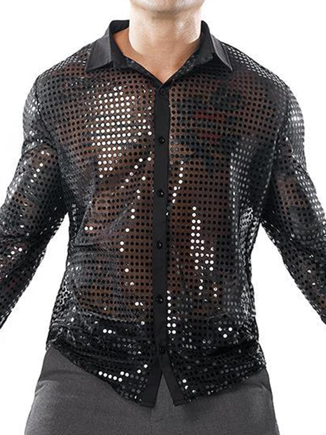 Men's 70s Sparkly Disco Top Shiny Sequin Long Sleeve Retro Button Front Party Shirt Tops - Image 6