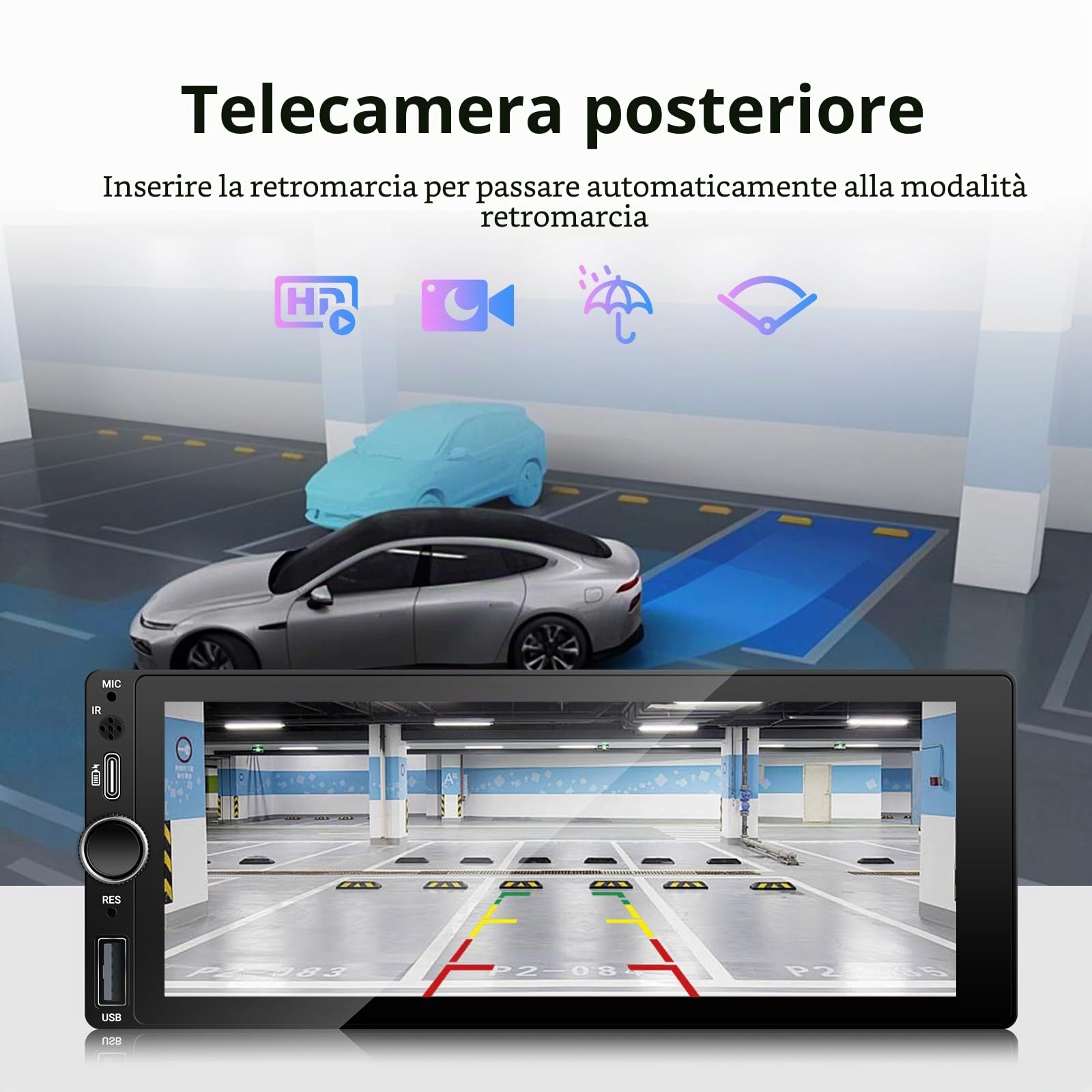 Autoradio 1 Din 6.86 Pollici con CarPlay e Android Auto Wireless Bluetooth | Schermo IPS MP5 fotocamera posteriore radio FM AM USB-C ricarica rapida e controllo volante per guida quotidiana