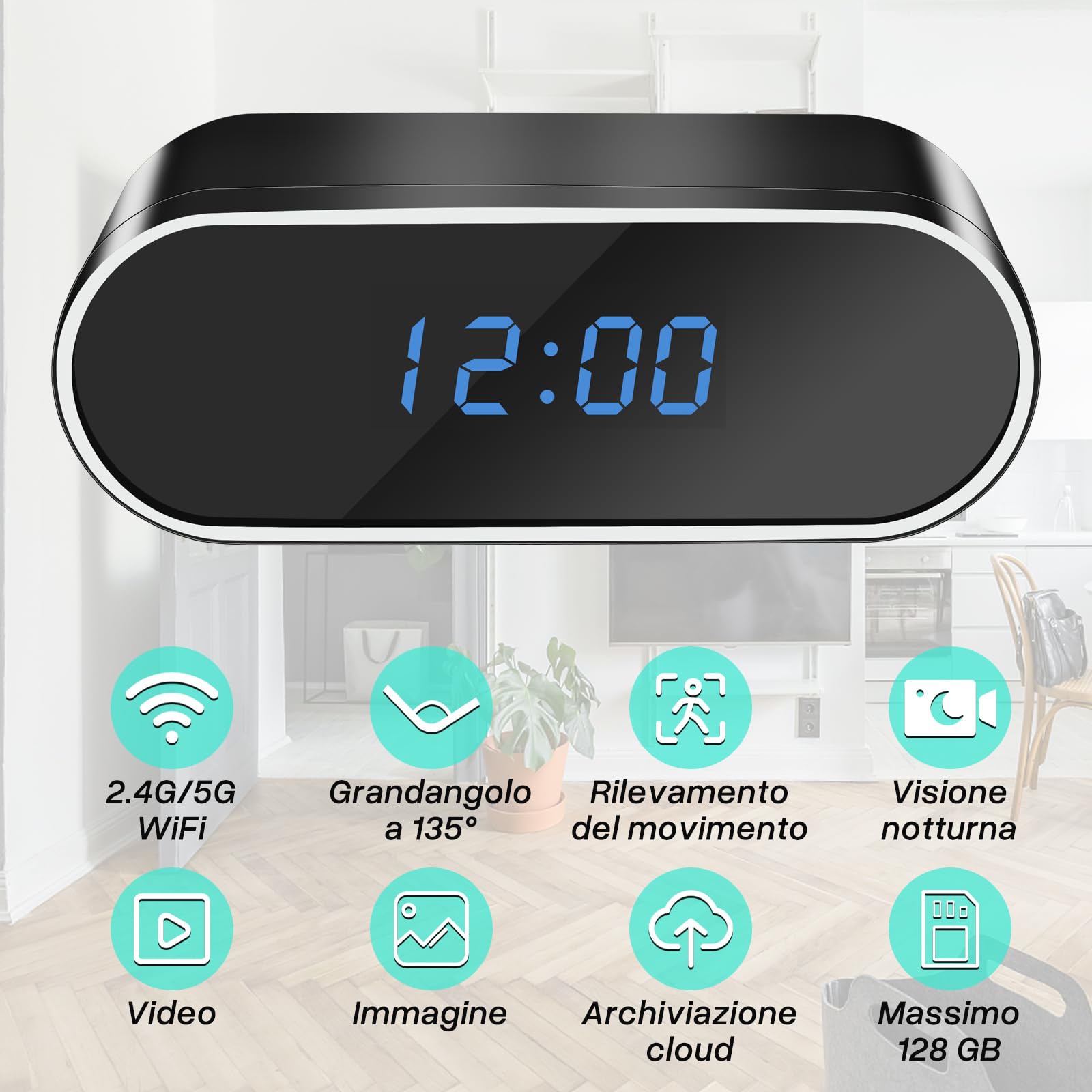 Orologio Telecamera Spy HD 1080P, Microcamera Nascosta Camuffata per Interni, Mini Telecamera Spia WiFi 2.4/5G Visione Notturna, Movimento Rilevamento, 135° Grandangolo Ottima per Casa/Ufficio