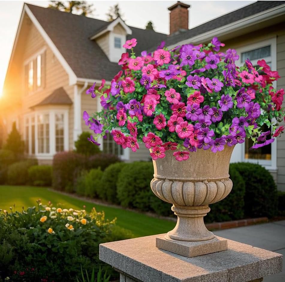 Artificial Flowers for Outdoors, Fake Faux Plants Outside Realistic Spring Summer Decor, UV Resistant Silk Flowers for Home Porch Garden (8, Purple Rose-red) - Image 5