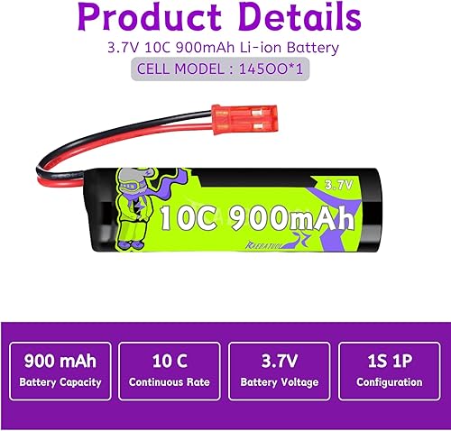Miniatura 2 de Batería de iones de litio de 900 mAh 3.7 V 10C con enchufe JST, alta capacidad para Huina 1337 1338 EC16 DE85 RC Stunt Car Construction Trucks,