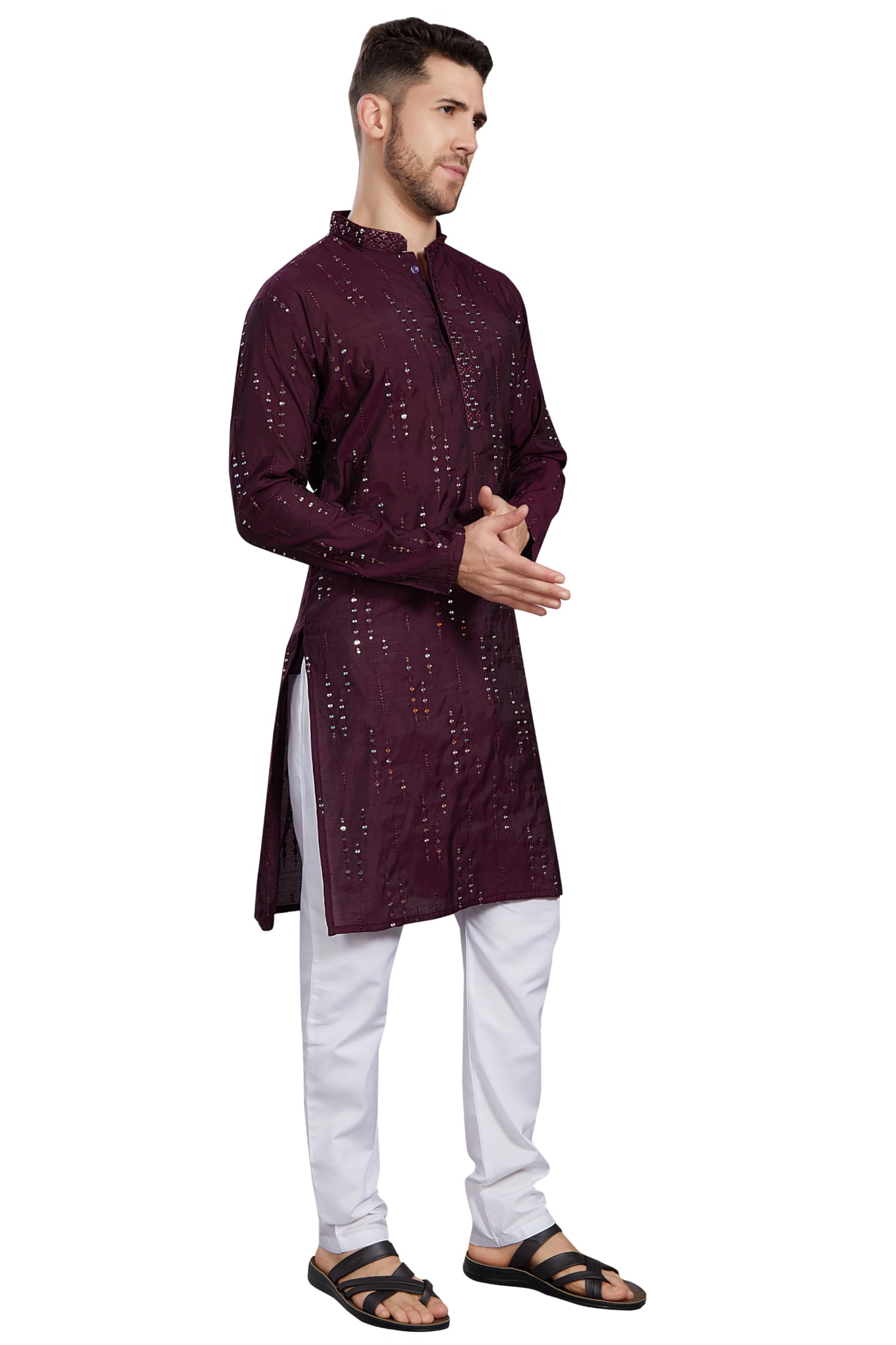Divisive Men's Mirror Embroidered Silk Blend Only Slim Fit Kurta (Dkrt814_M_Wine)