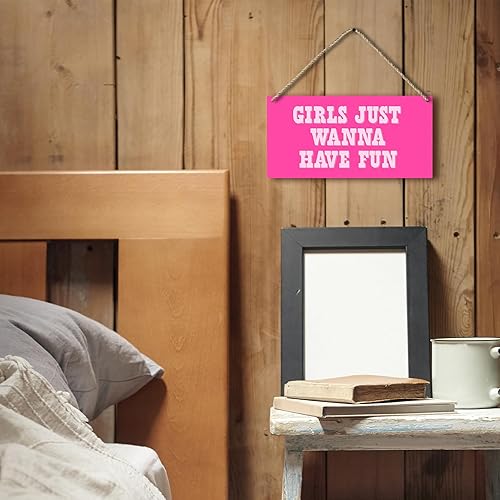 Miniatura 2 de Letrero de madera impreso con texto en inglés Hot Pink Preppy Girls Just Wanna Have Fun para colgar en la pared, decoración de pared para habitación