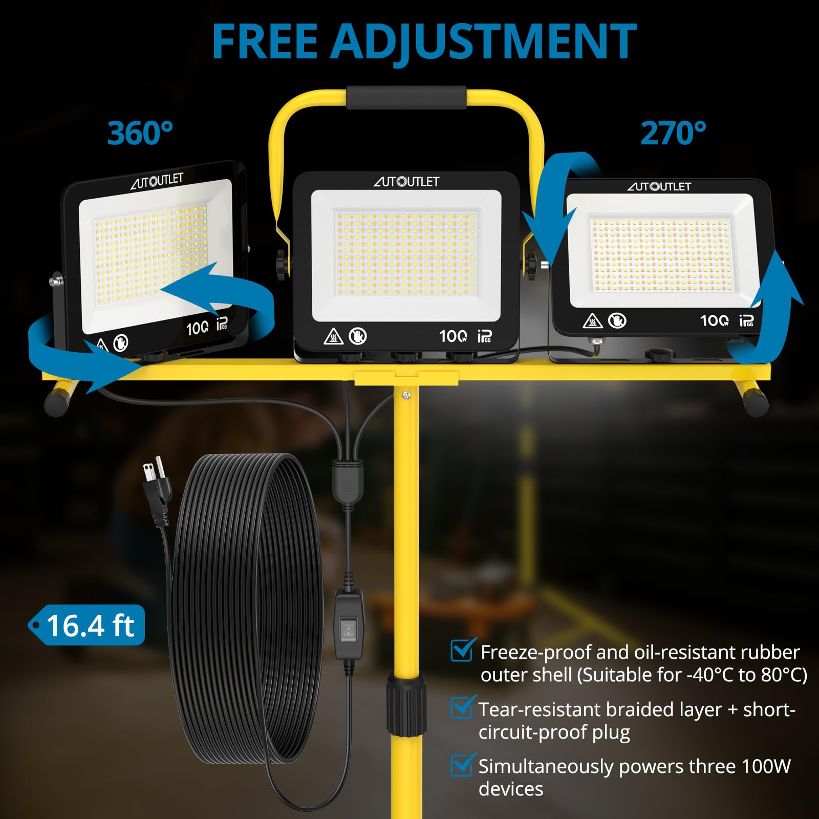 AUTOUTLET Reflektor budowlany LED ze statywem, 3 x 100 W, 27000 lm, lampa robocza z 3 trybami temperatury barwowej, regulowany statyw i kabel zasilający 5 m, wodoszczelny, IP66, zdejmowana lampa