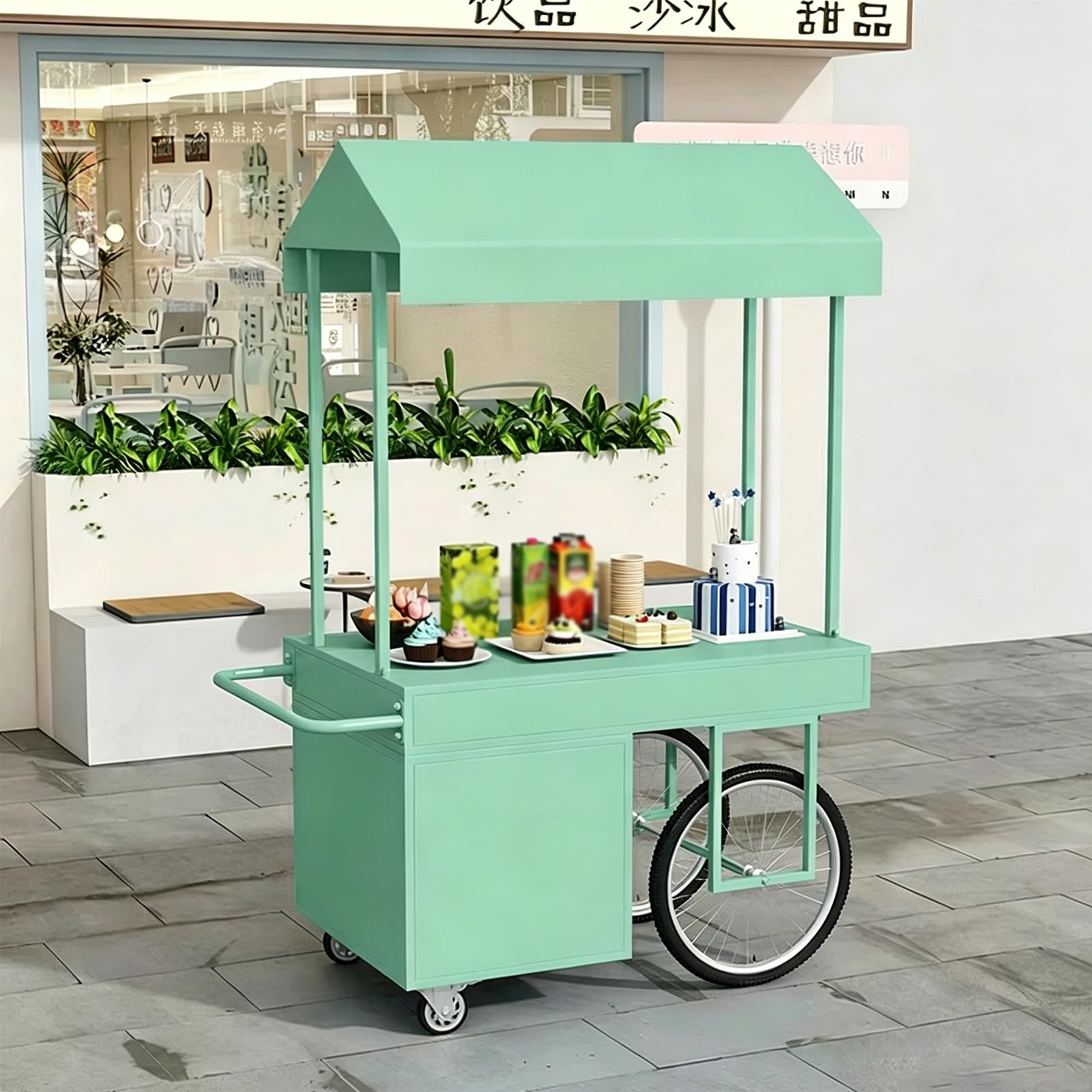 Mobile Food Stand with Canopy, Heavy-Duty Iron Vendor Cart Lockable Wheels, Perfect for Farmers Market, Street Food & Dessert Events