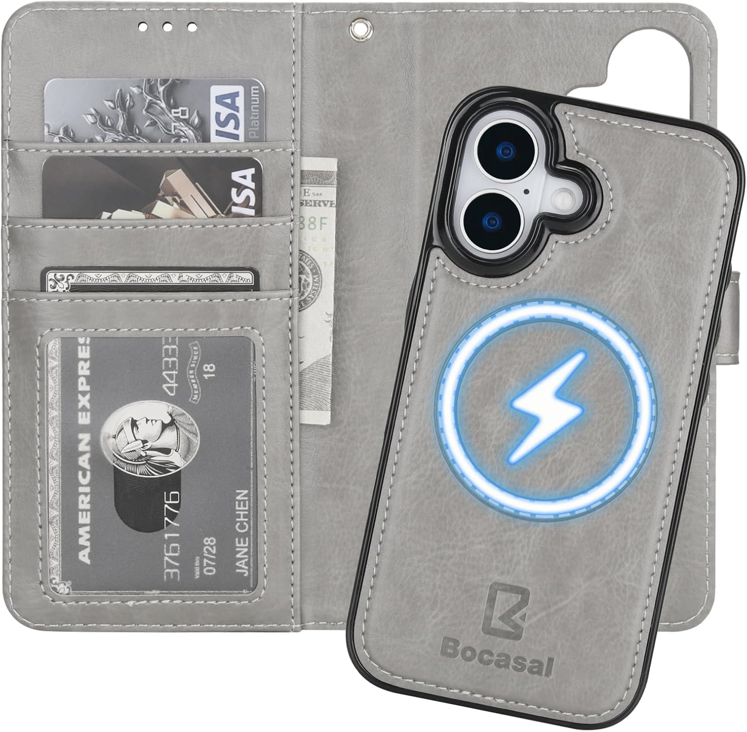 Bocasal for iPhone 17 Wallet Case Compatible with MagSafe Wireless Charging, RFID Blocking Magnetic Leather Case with Card Slots Holder Kickstand Detachable Wrist Strap 6.3 Inch (Grey)