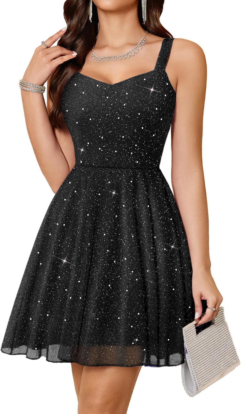 Women's Short Prom Dress 2026 Summer Sparkly Sequin A Line Sleeveless V Neck Mini Cocktail Party Dresses