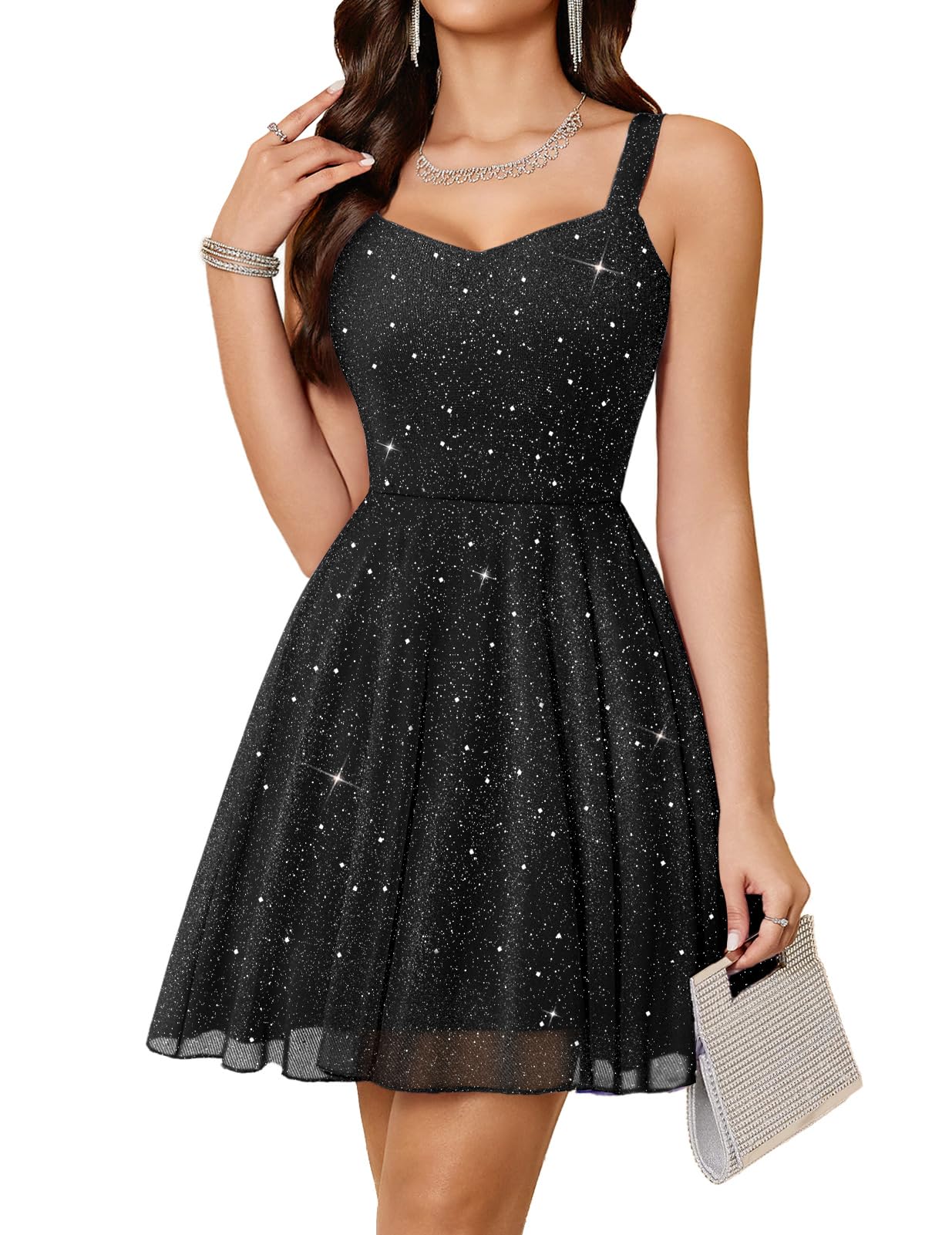 Women's Short Prom Dress 2026 Summer Sparkly Sequin A Line Sleeveless V Neck Mini Cocktail Party Dresses