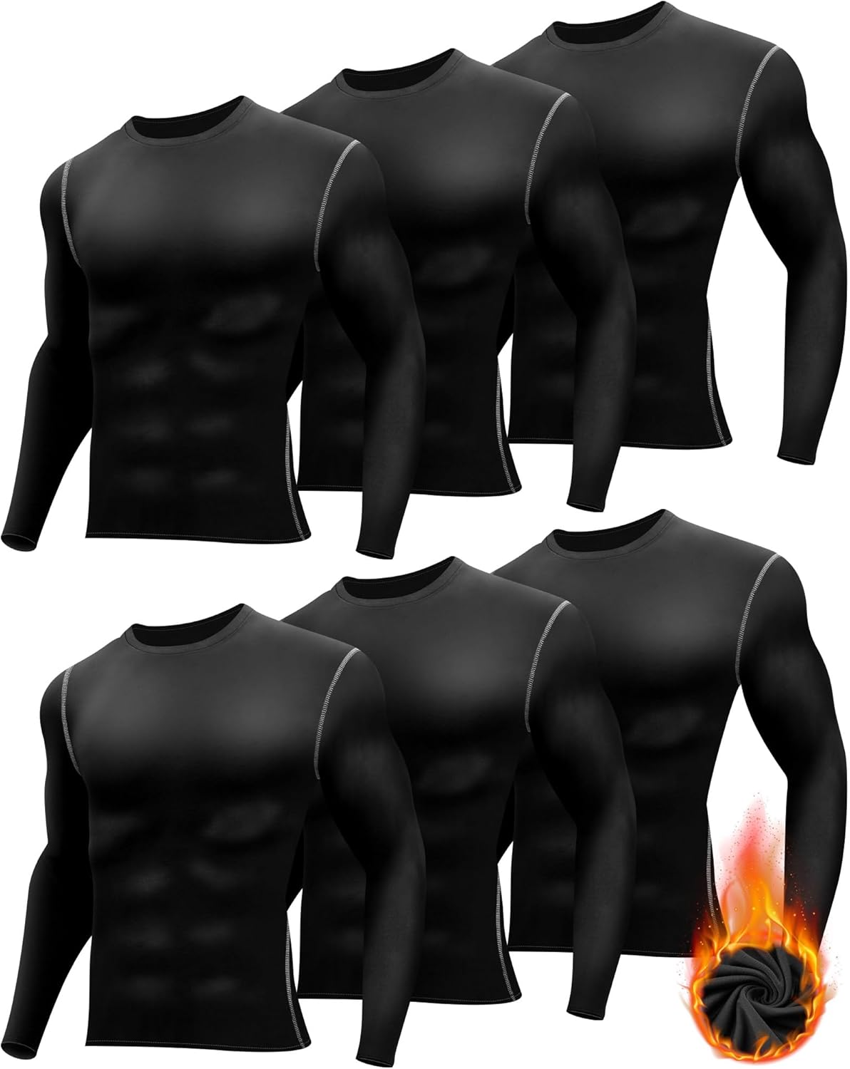 6 Pack Men's Thermal Compression Shirt Long Sleeve Fleece Lined Winter Sports Running Base Layer Top for Cold