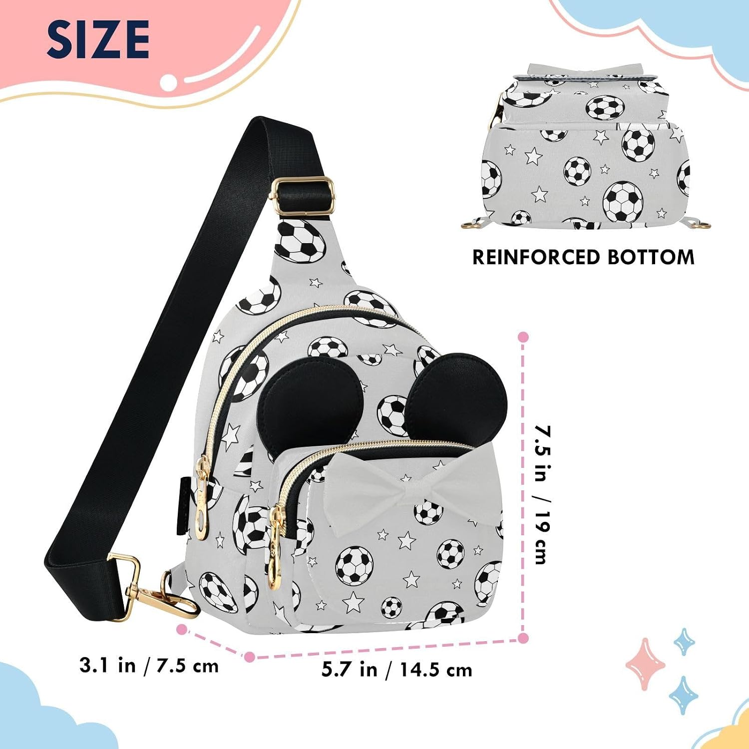 Sinestour Soccer Balls Kids Sling Bag for Girls, 7.5x5.7x3.1In | Crossbody Fanny Pack, Toddler Purse, Cute Sling Belt Bag with Ears, 2L Small Shoulder Chest Bag for Travel