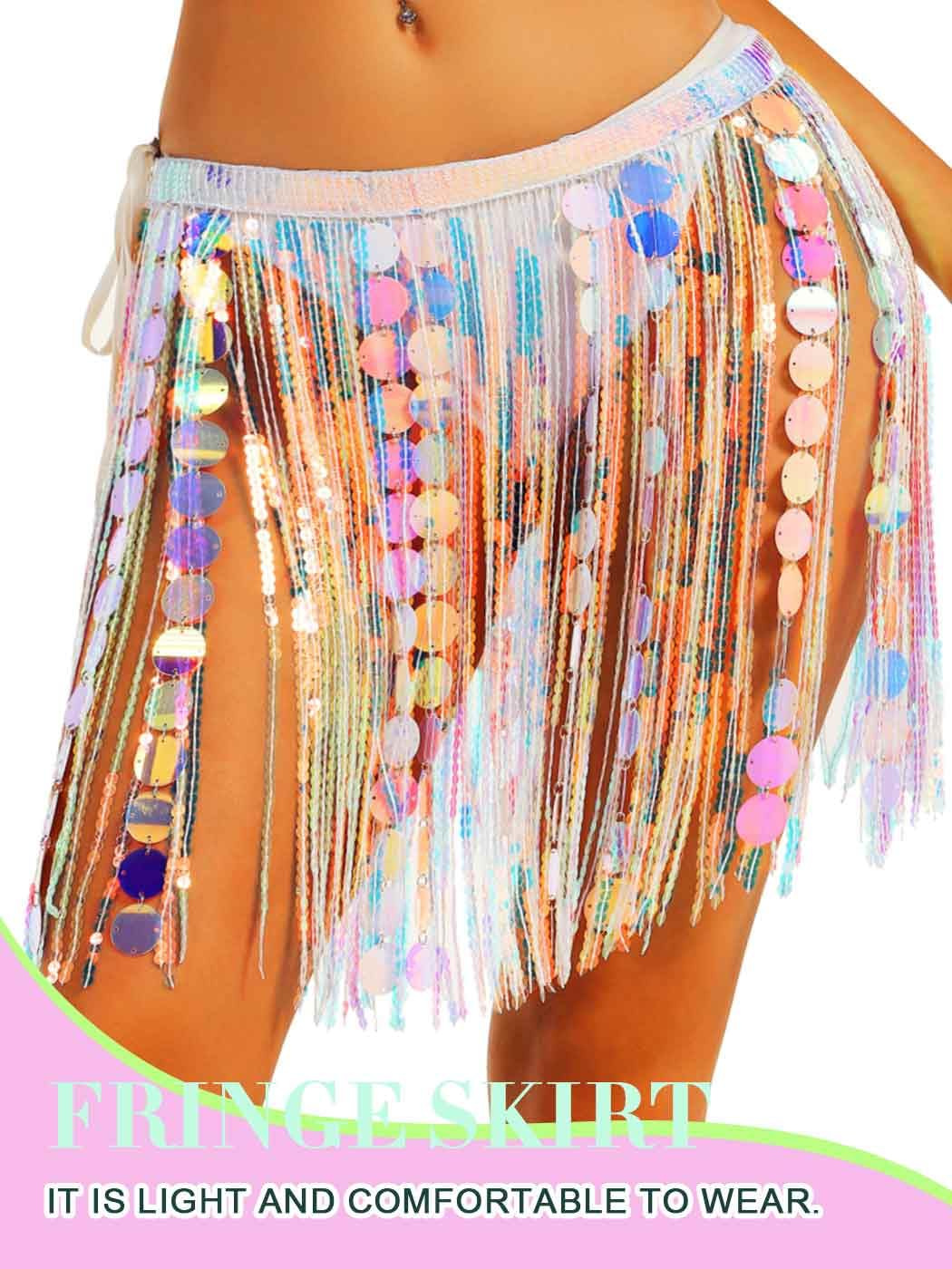 TWINKLEDE Dots Sequin Fringe Skirt Tassel Belly Dance Hip Scarf Rave Costume Skirts for Women (US, Alpha, One Size, Regular, Regular, Standard, Pink)