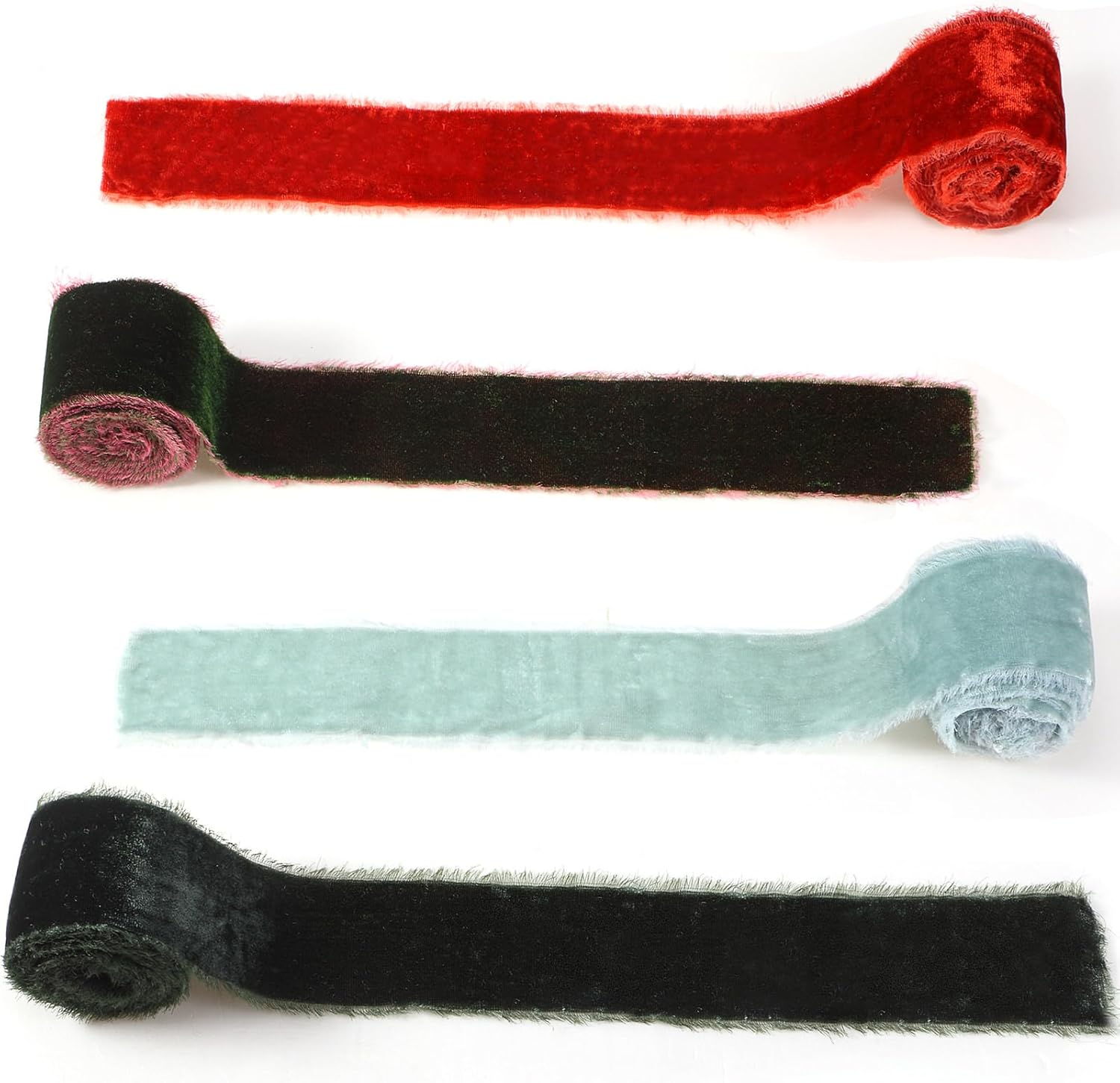 Canlierr 4 Roll Valentine's Day Silk Velvet Ribbon for Gift Wrapping Fringe Fabric Frayed Velvet Ribbon Raw Edge for Valentine Day Party Wedding Decor Bouquet Basket Hair(Elegant Color,2 in X 16 yd)