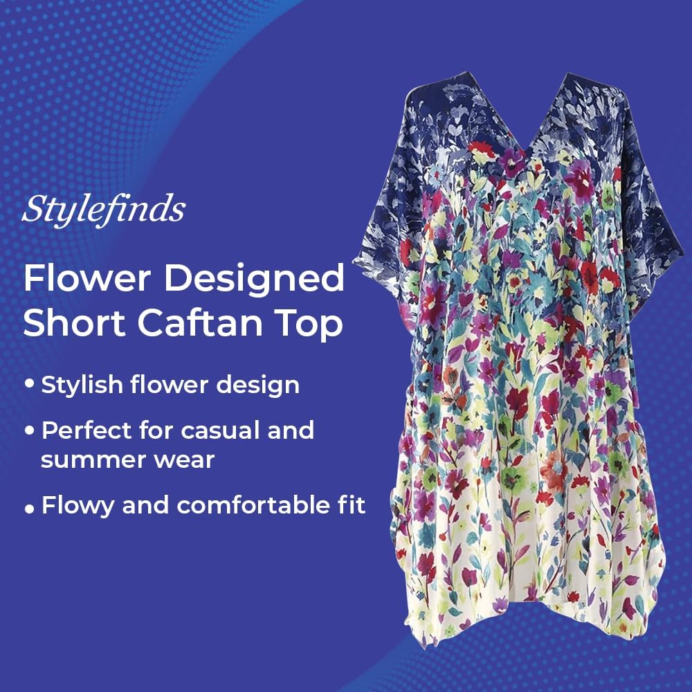 SAGEFINDS Floral Caftan for Women, Short Swimsuit Beach Cover Up, V Neck Dress, Casual and Loose Loungewear Multi - Image 2