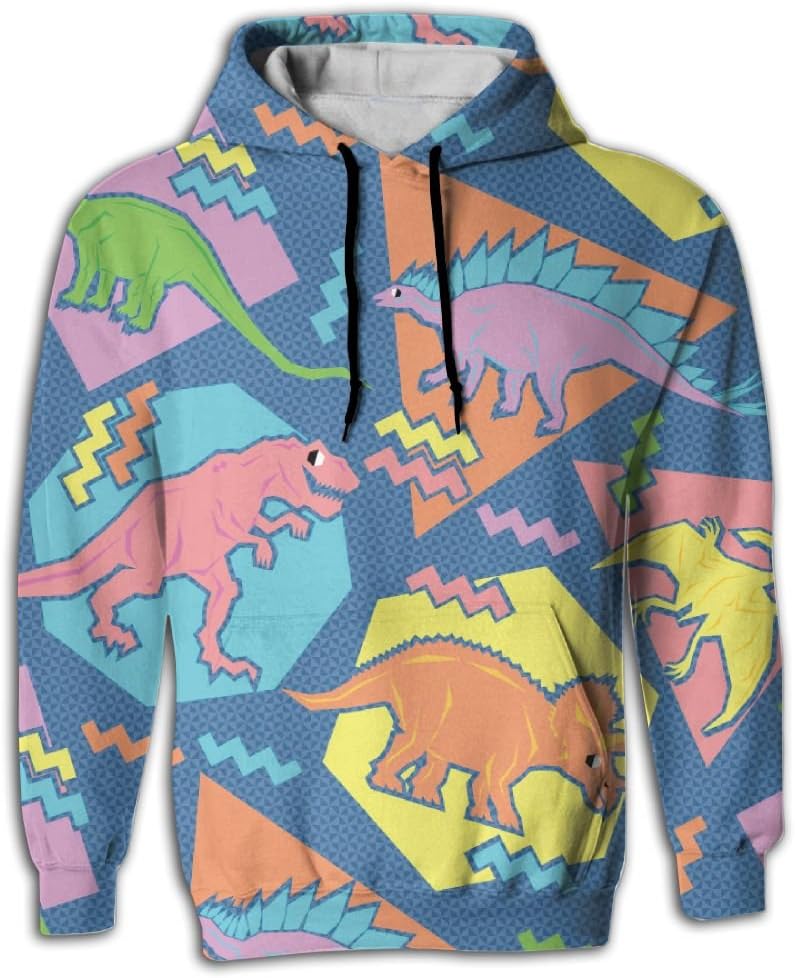 ULUZUS 90s Funny Dinosaurs Men's Pullover Hoodie Hooded Sweatshirt With Pockets