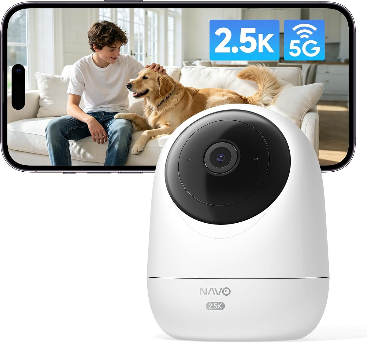 NAVO Dog Pet Camera with Phone APP, 2.5K UHD Indoor Security Camera with 2.4G/5G Dual-Band Wi-Fi, Physical Privacy Mode, 4MP IR Night Vision with 360° Pan Tilt Motion-Tracking, AI Human Detection