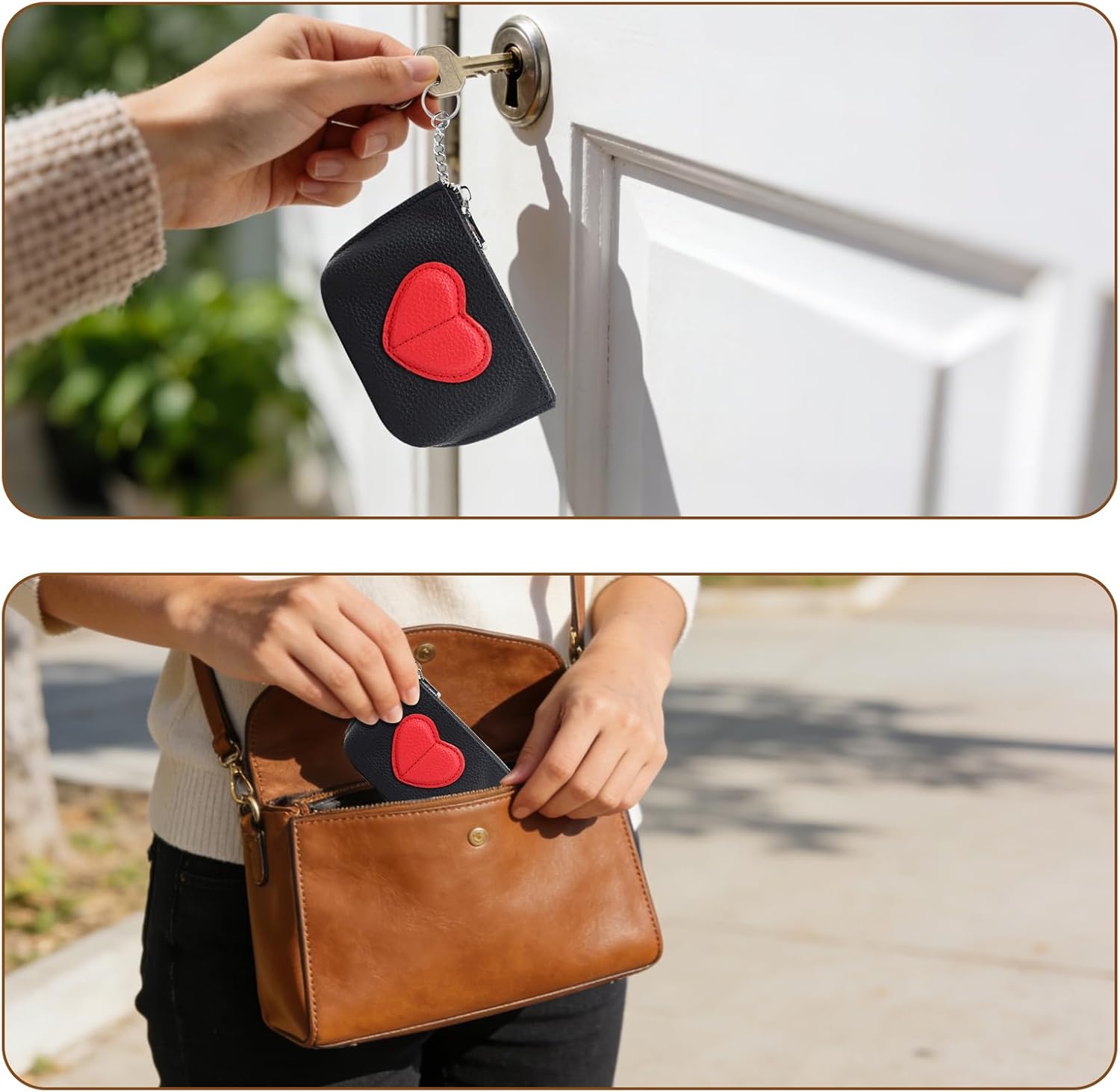 Heart Small Coin Pouch, Stylish Color-Block Coin Purse Keychain with Zipper, Change Purse for Women for Cards, Keys (Black)