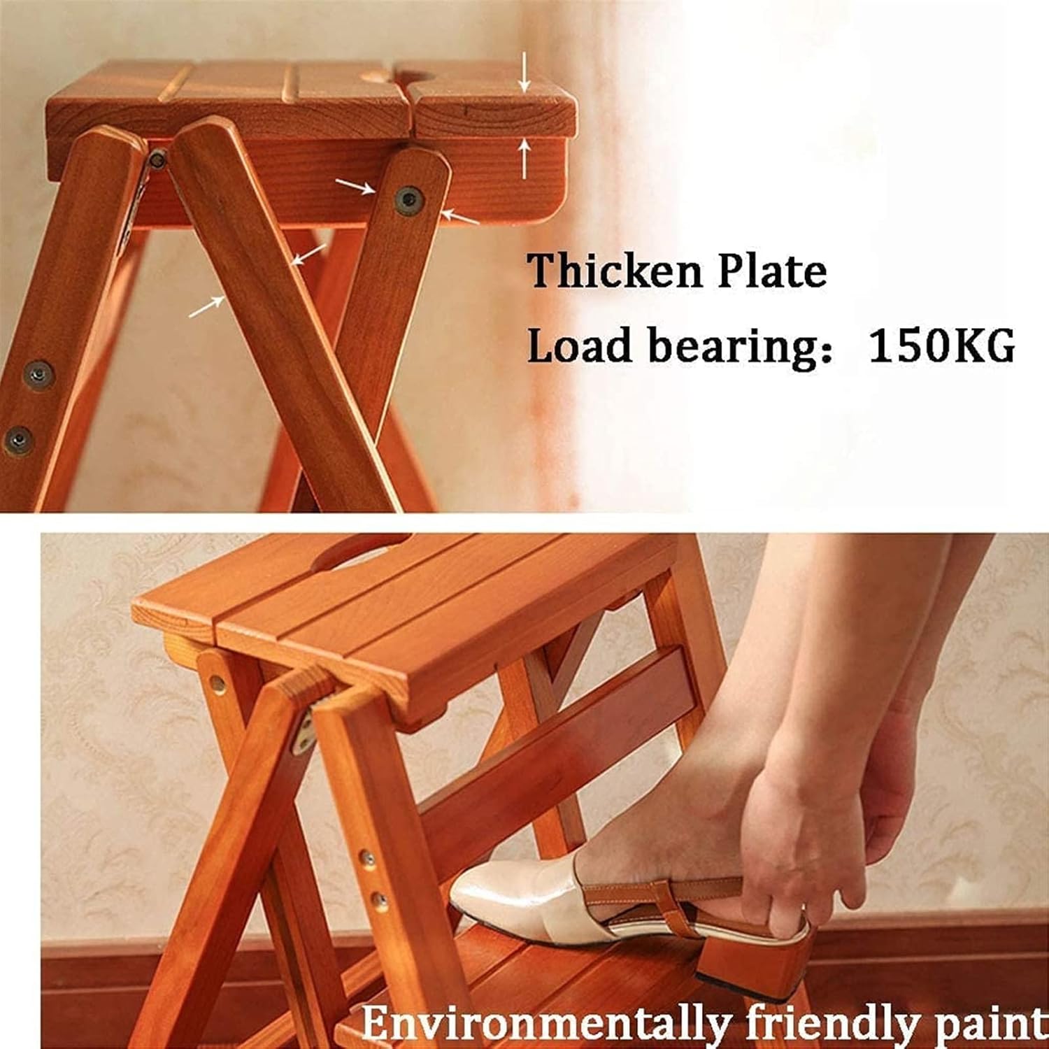 Wood Folding Step Ladder Chair 3 Step Stool Home Wooden Folding Ladder Chair Thickened Library Stair Chair Portable Light Garden Tool Ladder