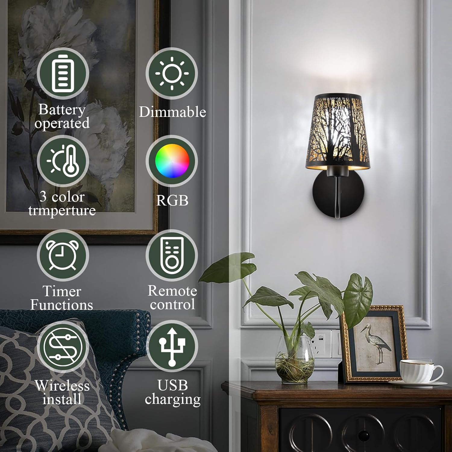 Wireless Wall Sconce, Battery Operated Wall Sconce Set of 2, Not Hardwired Wall Lights with Metal Shade, Rechargeable RGB Wall Lights with Remote Control for Living Room Corridor Bedroom etc