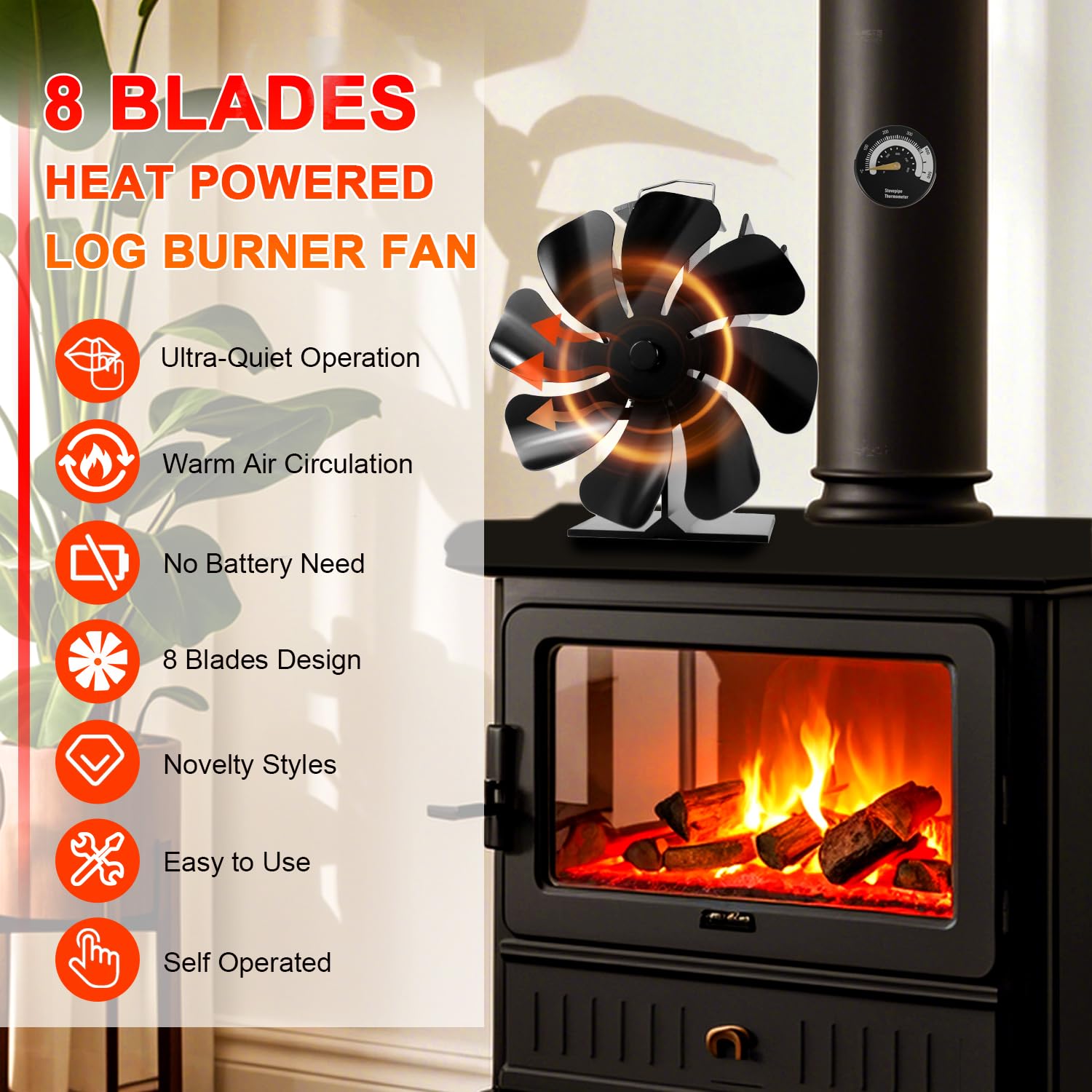 Tomersun 8-Blade Log Burner Stove Fan Heat Powered- Wood Burning Stove Fan with Thermometer for Fireplace/Log Burner/Woodburner/Multifuel Stoves - Image 2