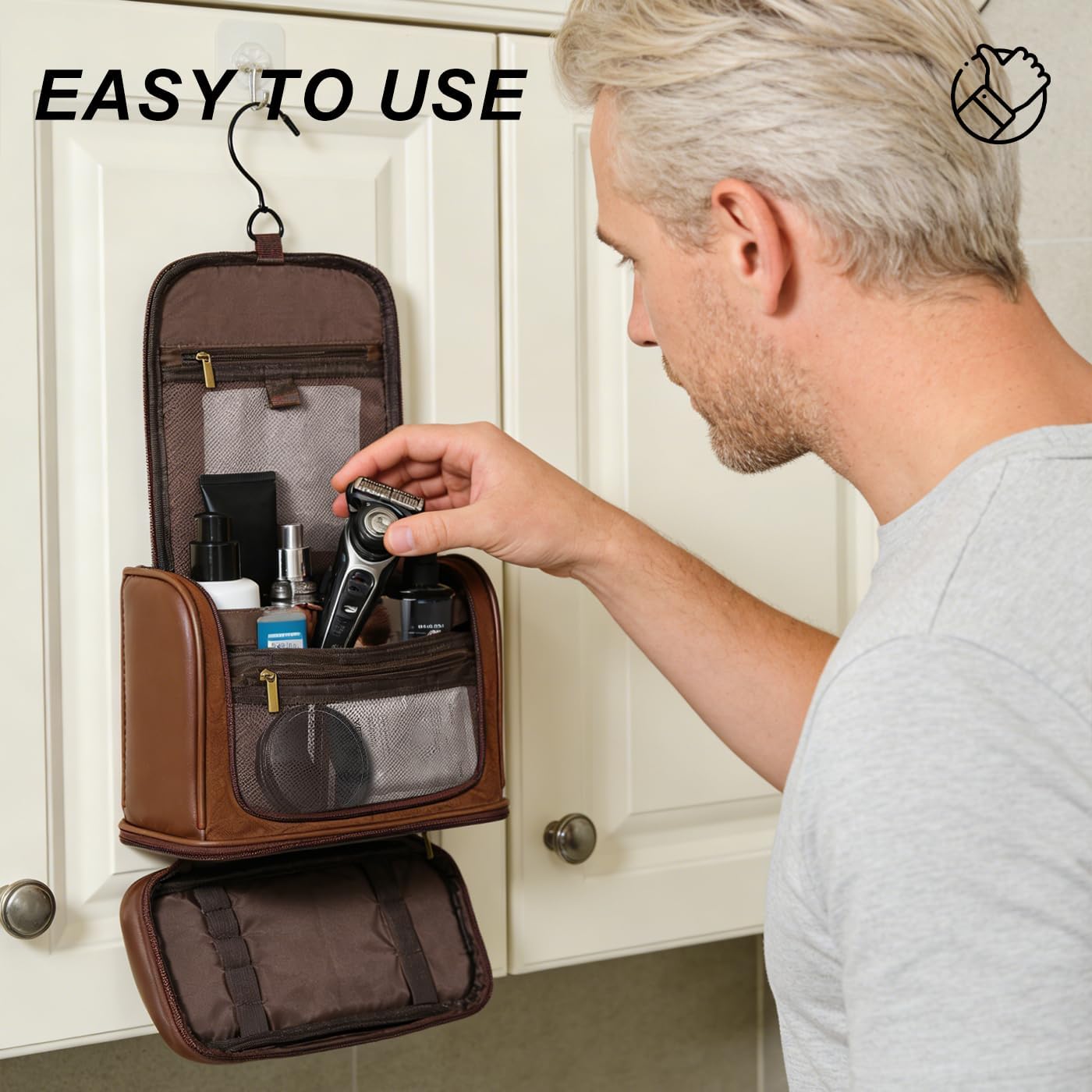 Travel Toiletry Bag For Men and Women, Leather Hanging Toiletry Organizer, Waterproof with Separate Compartments, Travel Kit for Gym Camping and Mens Gift (Dark Brown) - Image 8