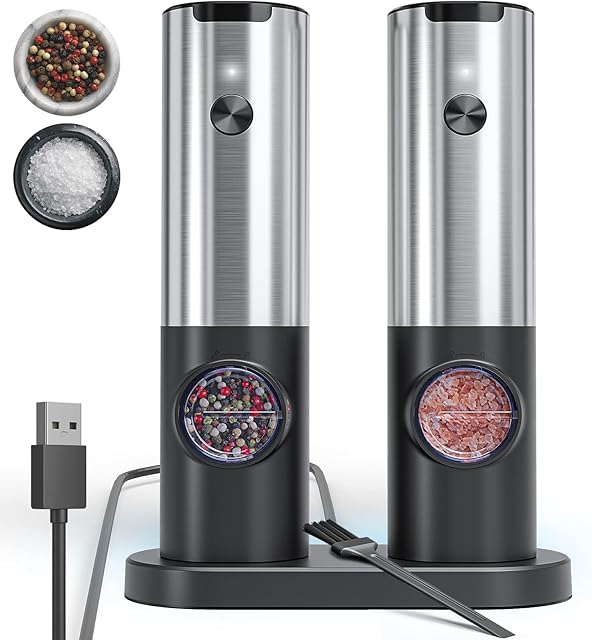 Electric Salt and Pepper Grinder Set with Rechargeable Base, Stainless Steel Salt Mill with Adjustable Coarseness, Refillable Salt and Pepper Shakers with LED Light