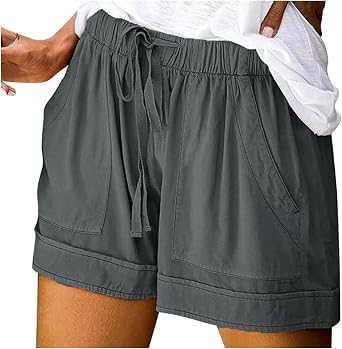 Women Comfy Drawstring Casual Elastic Waist Pure Color Shorts Summer Beach Lightweight Short Pants with Pockets