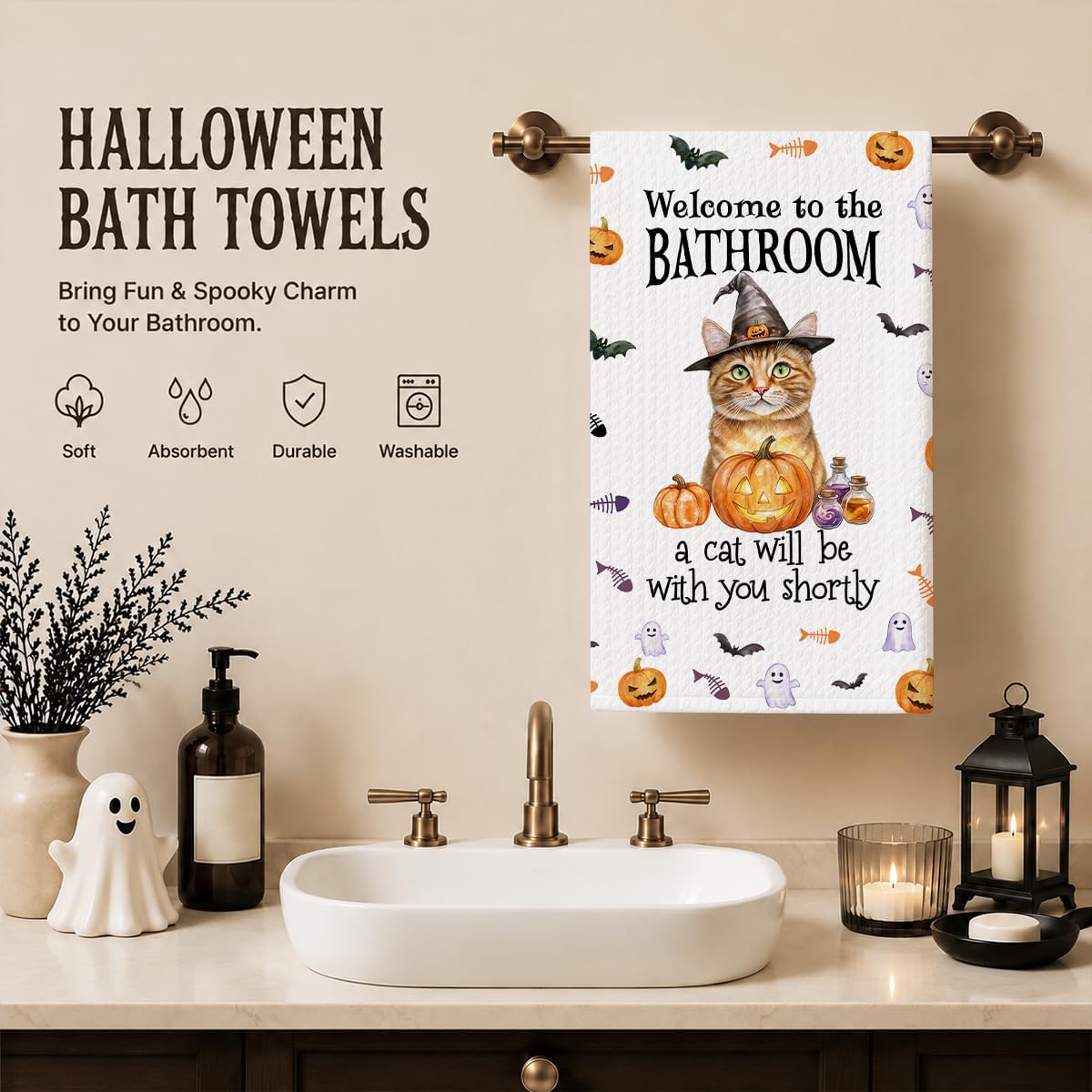 Halloween Cat Bathroom Towels, Orange Tabby Cat Gifts Bathroom Decor 02 image 2