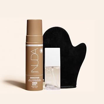Nuda Dark Self-Tanning Mousse, Dark Face Tan Water, and Tanning Mitt Bundle