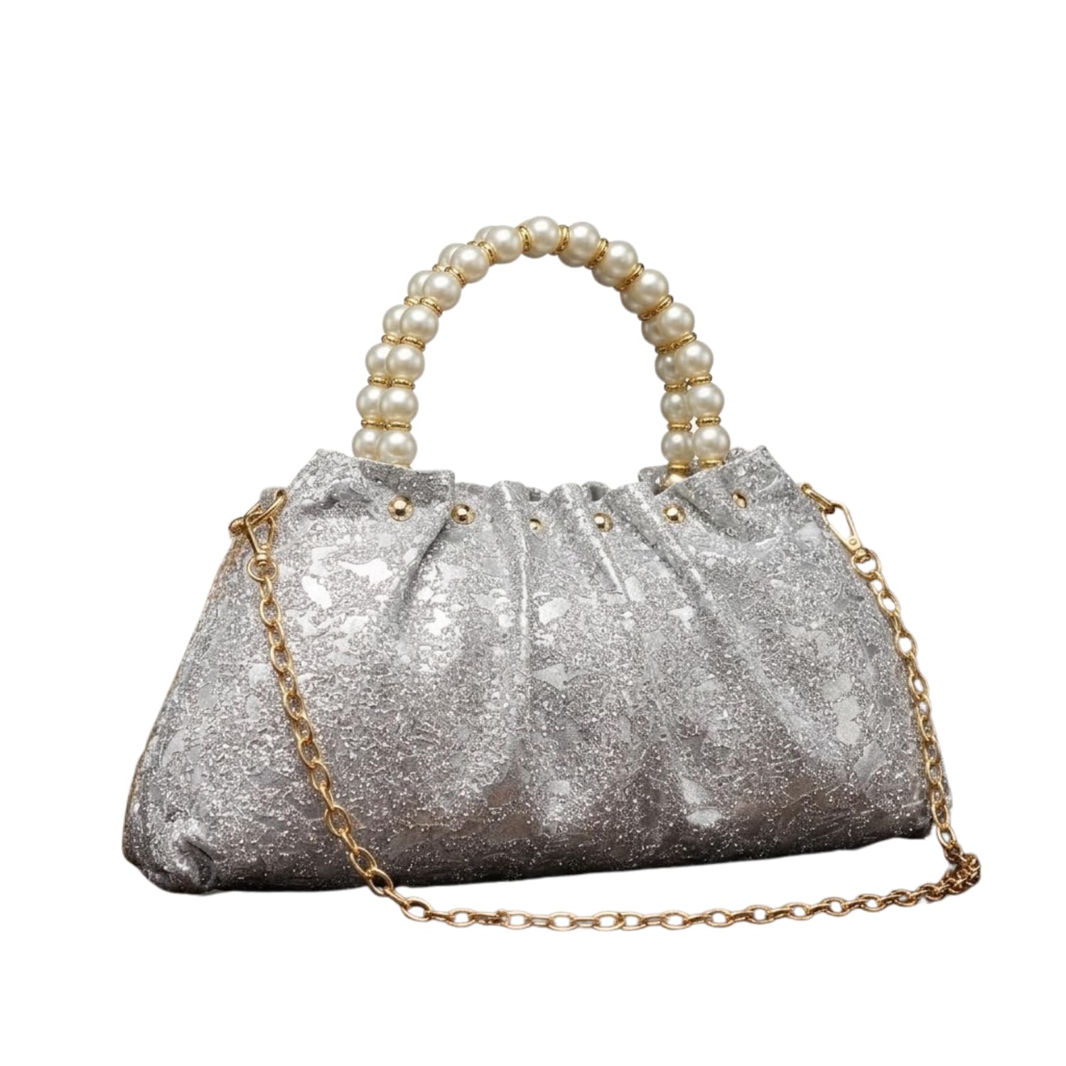 Women’s Elegant Pearl Handle Evening Clutch Purse | Glitter Ruched Designer Handbag with Gold Chain Strap | Party, Wedding, Bridal, Festive Sling Bag for Women-image-39