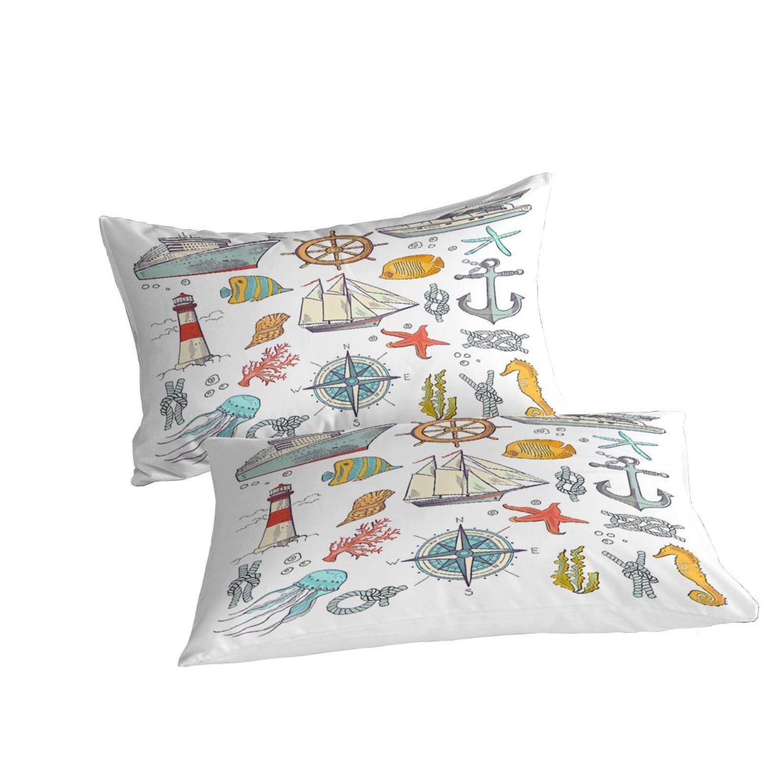 Nautische Ikonen 3-teiliges Pflegeleichtes Polyester Handgezeichneter Stil Kinderbettwäscheset, 2 Kissenbezug, Unsichtbarer Reißverschluss, Babysicher & Gifffrei King（220x240cm）