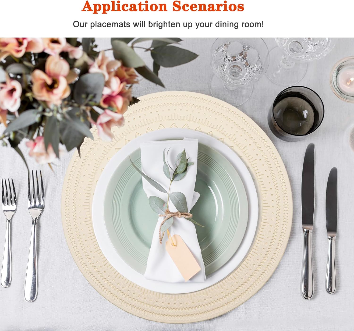 15 inch Round Plastic Placemats Set of 8 Vinyl Faux Leather Waterproof PVC Place Mats Heat Resistant Wipeable Washable Non-Slip Table Mats for Indoor Outdoor(8,Beige)