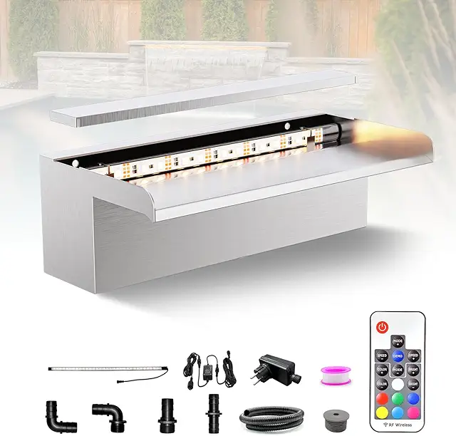 Longrun 30cm Stainless Steel Pond Waterfall Kit with LED Lights