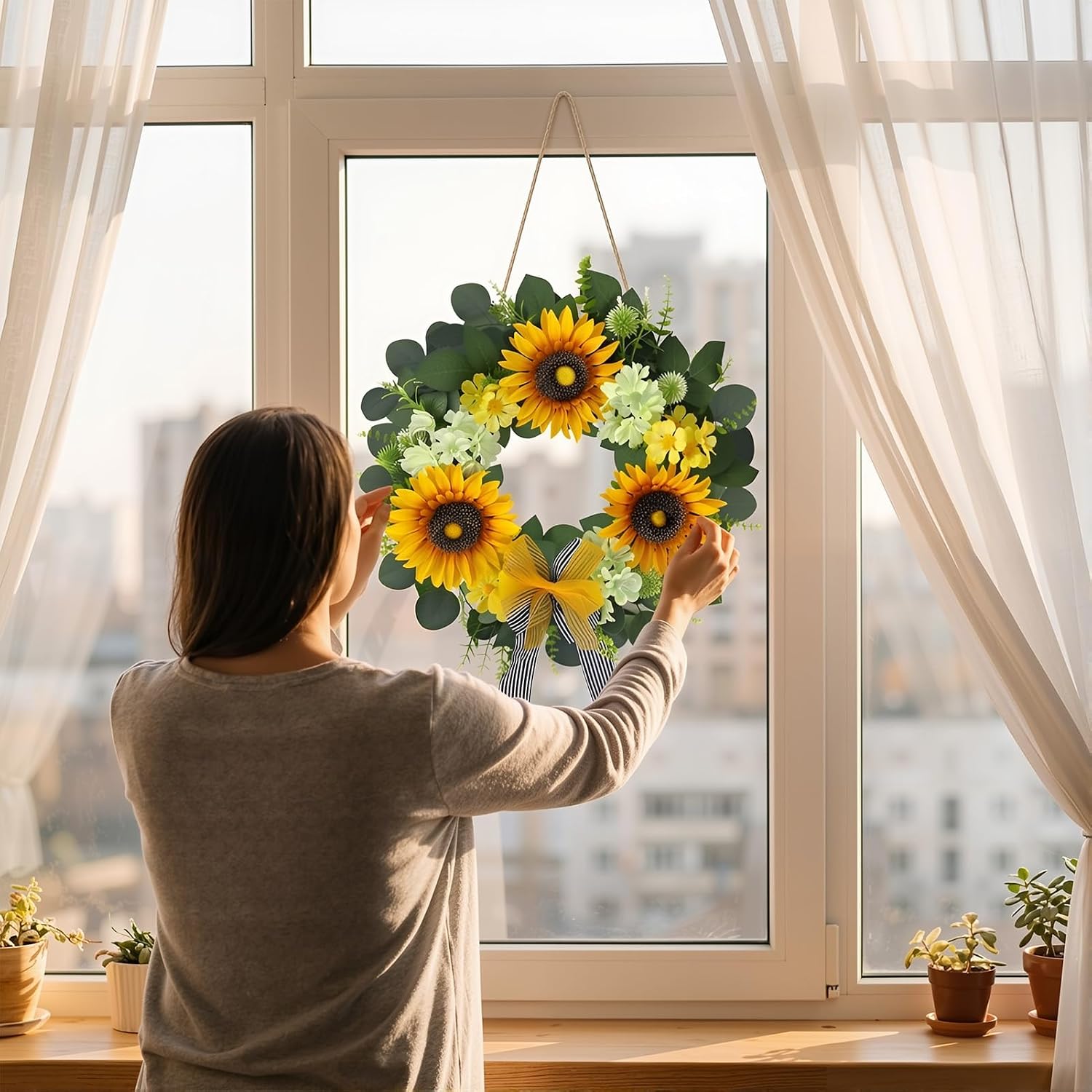 Sunflower Wreaths for Front Door 20 Inch Artificial Spring Summer Wreath Sunflower Wall Decor Wreath with Burlap Bow for Home Wedding Farmhouse Holiday