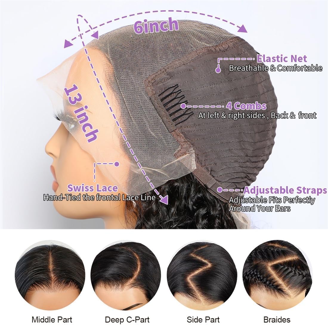 Lemoda 13x6 Water Wave Lace Front Wigs Human Hair 180% Density 24Inch Deep Wave Transparent Lace Frontal Curly Wigs Wet and Wavy Virgin Hair Natural Black - Image 2