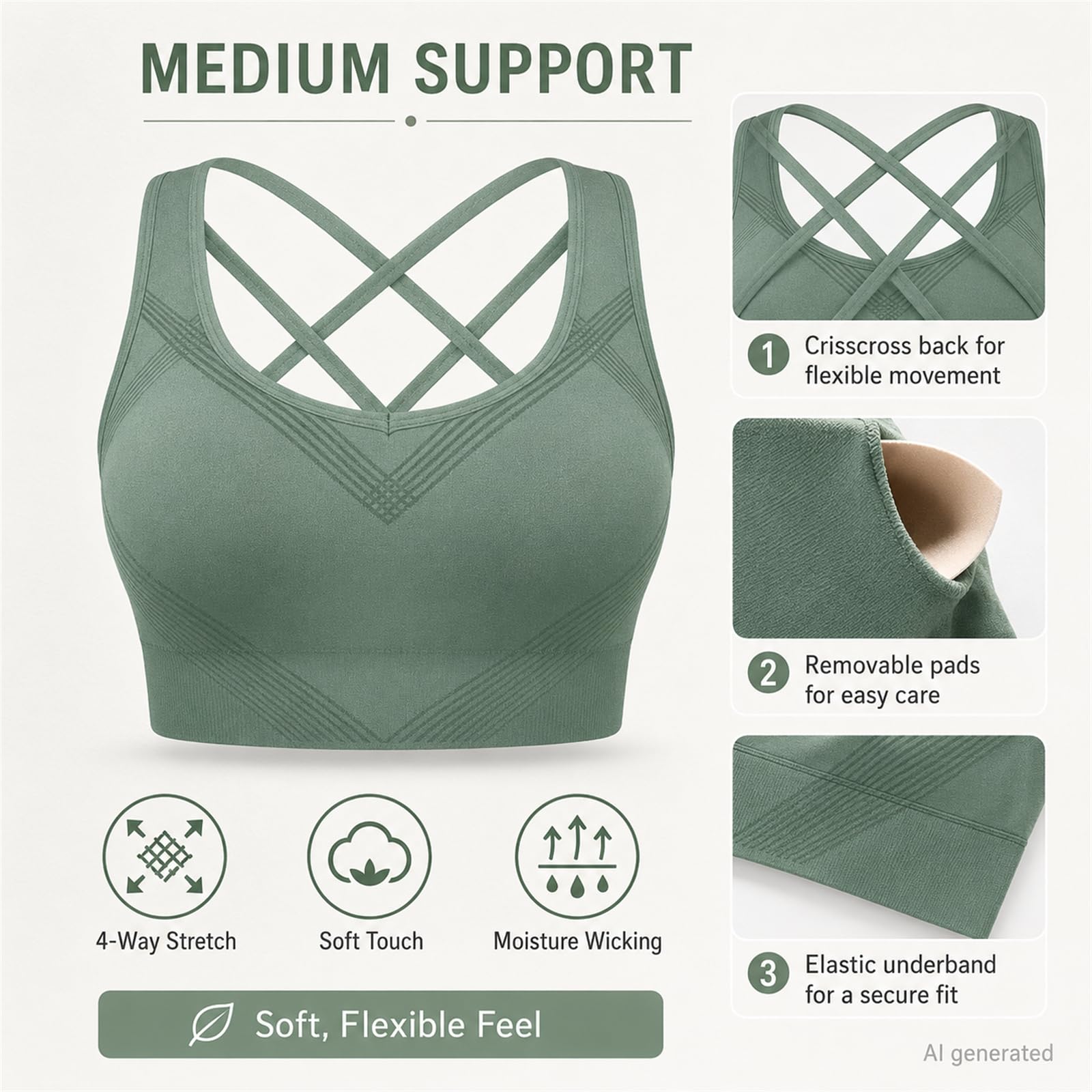Reggiseno sportivo da donna senza cuciture, supporto medio, incrociato | Morbida sensazione senza cuciture, coppe rimovibili, fascia elastica inferiore, asciugatura all'aria per la cura della forma