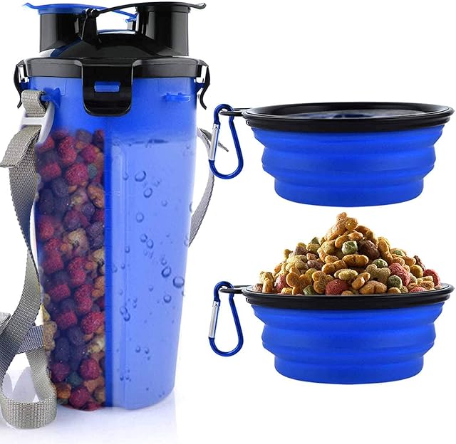 MATT SAGA Portable Pet Water Bottle and Food Container for Travel 2-in-1 Dual Chamber Bottle with 2 Collapsible Bowls Dogs Cats Feeder Water Food Bottle Outdoor Travel(Blue)