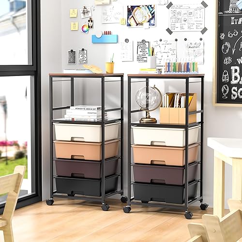 Miniatura 9 de SYKIARIOL Carrito utilitario con cajones, estante y mesa de madera, carrito de almacenamiento con ruedas de 4 cajones, organizador de artes y