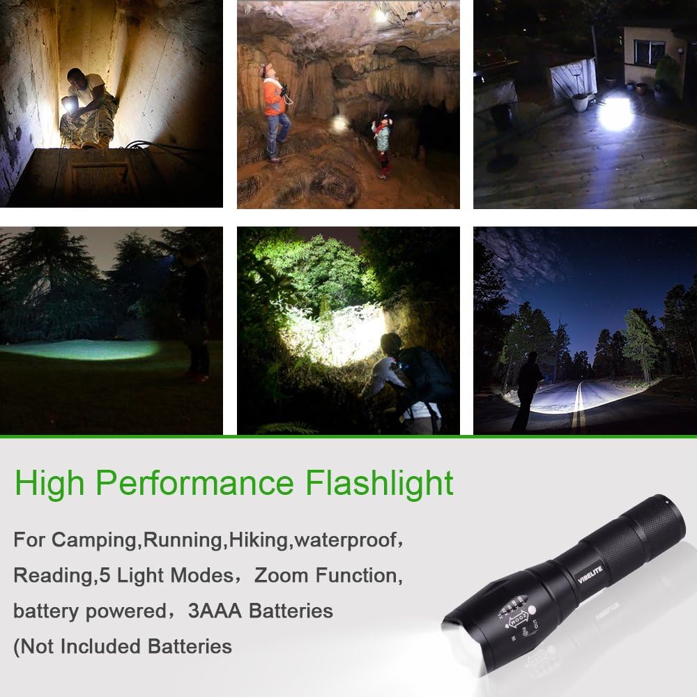 VIBELITE LED Flashlight - Ultra Bright LED Handheld Flashlights Portable Outdoor Water Resistant Torch with Adjustable Focus and 5 Light Modes for Camping Hiking Outdoor, Emergency (2 Pack)