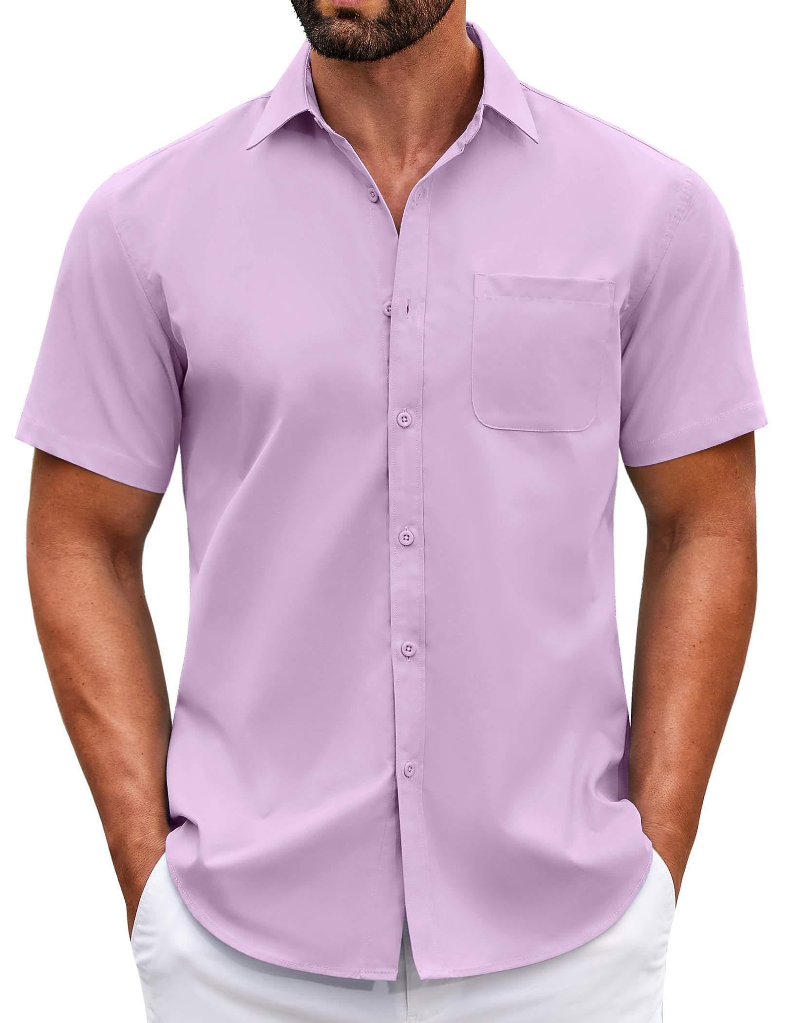 Photo 1 of COOFANDY Men's Summer Beach Casual Short Sleeve Button Down Shirts Untucked Wrinkle Free Vacation Wedding Shirt Lavender XL