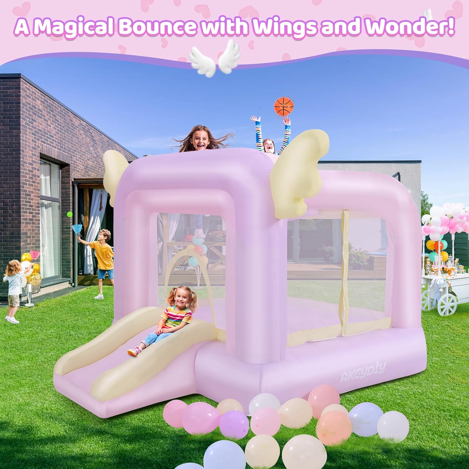 AKEYDIY Bounce House, Pastel Bouncer with Slide, Inflatable Jumping Bouncy Castle for Kids Girls Birthday Party Gifts Outdoor & Indoor Play Equipment, UL Blower Included