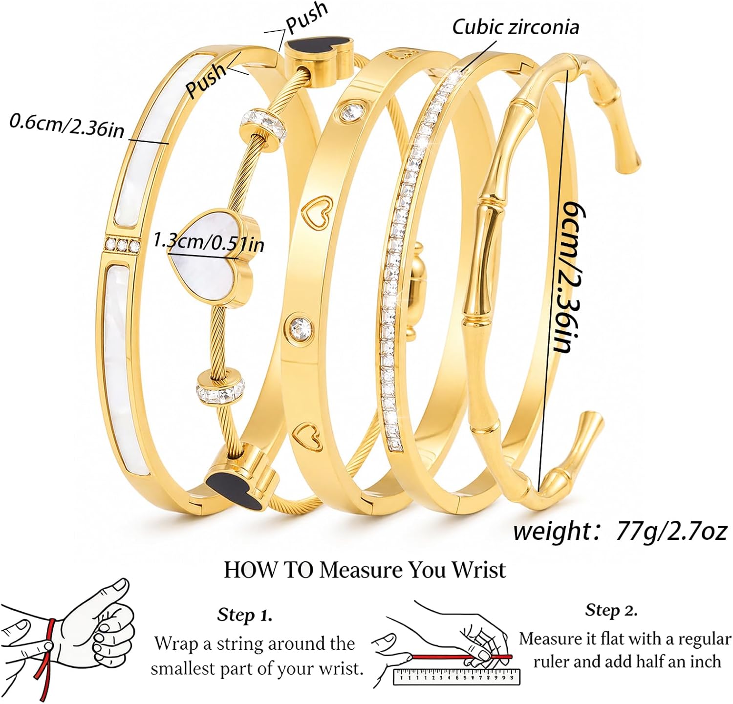 Women's 18K Gold Plated Stackable Bracelet Set - Waterproof Mother of Pearl Heart Cubic Zirconia Jewelry Gifts for Women