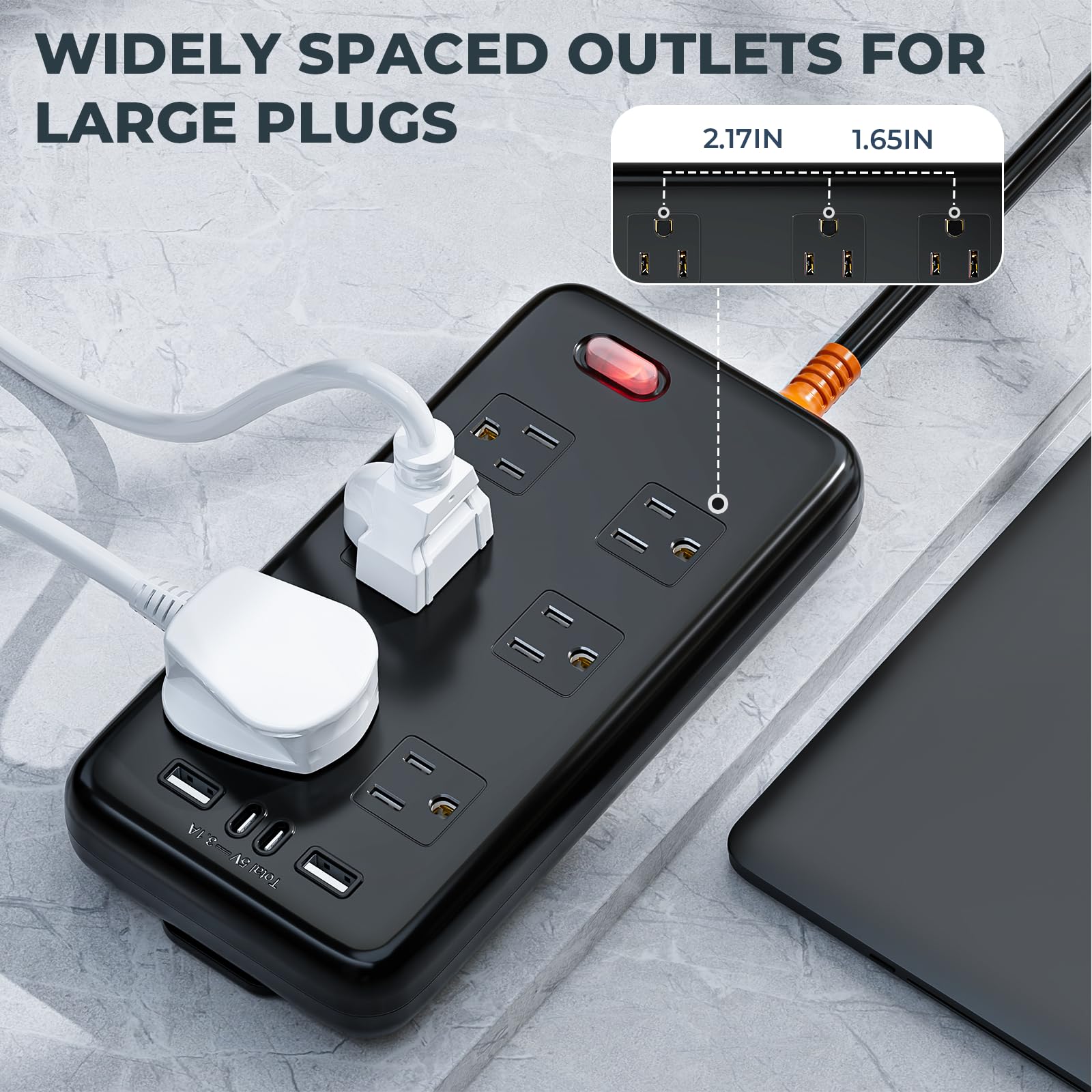 Odporna na warunki atmosferyczne listwa zasilająca 10 w 1 z 6 szerokimi gniazdami, 2 x USB A i 2 x USB C, 1875 W/15 A, płaski kabel przedłużający 1,8 m, do