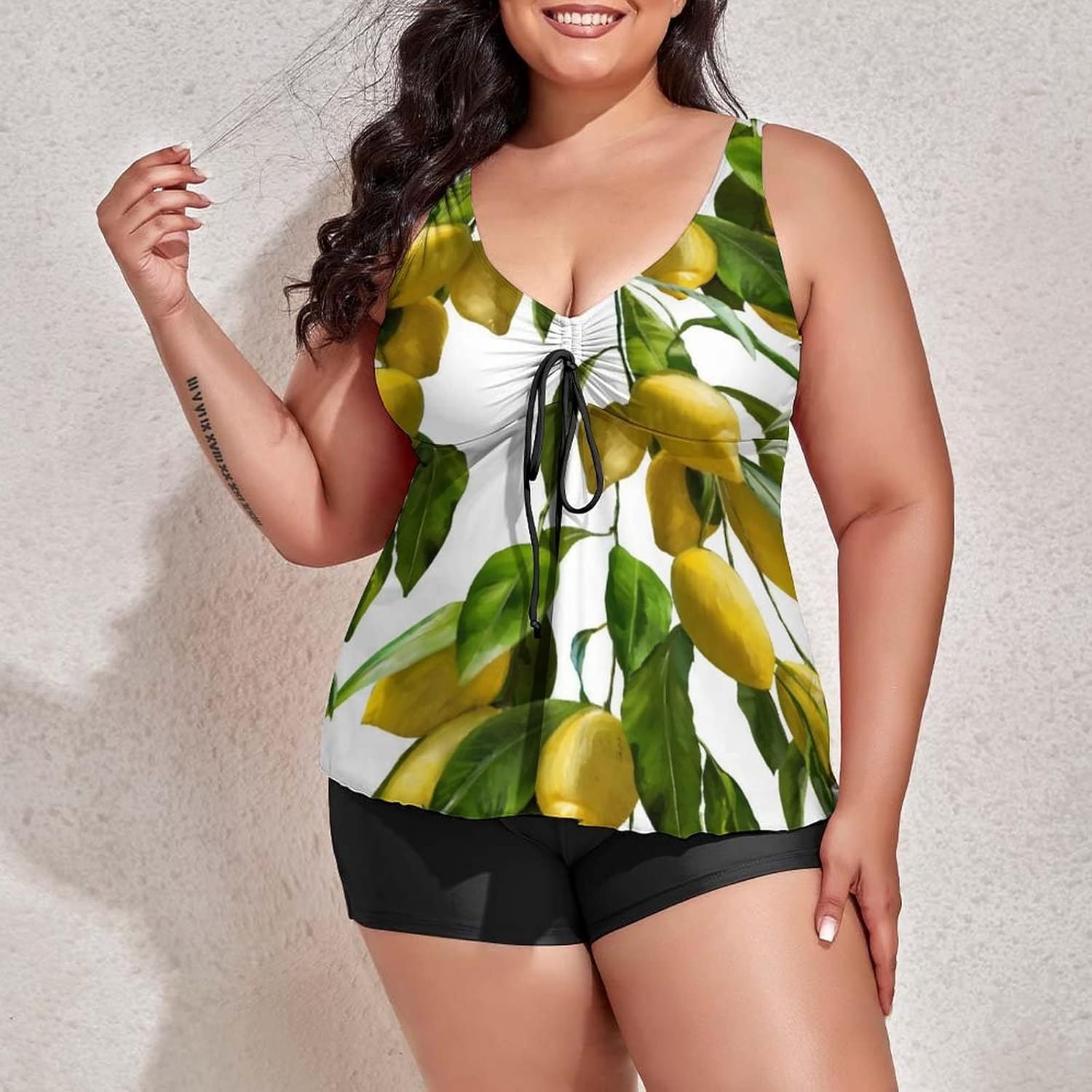 Plus Size Tankini Swimsuit for Women's Lemon Tankini Bathing Suit Tummy Control Swim Dress Two Piece Tropical Green Plant Swimsuits with Boyshort