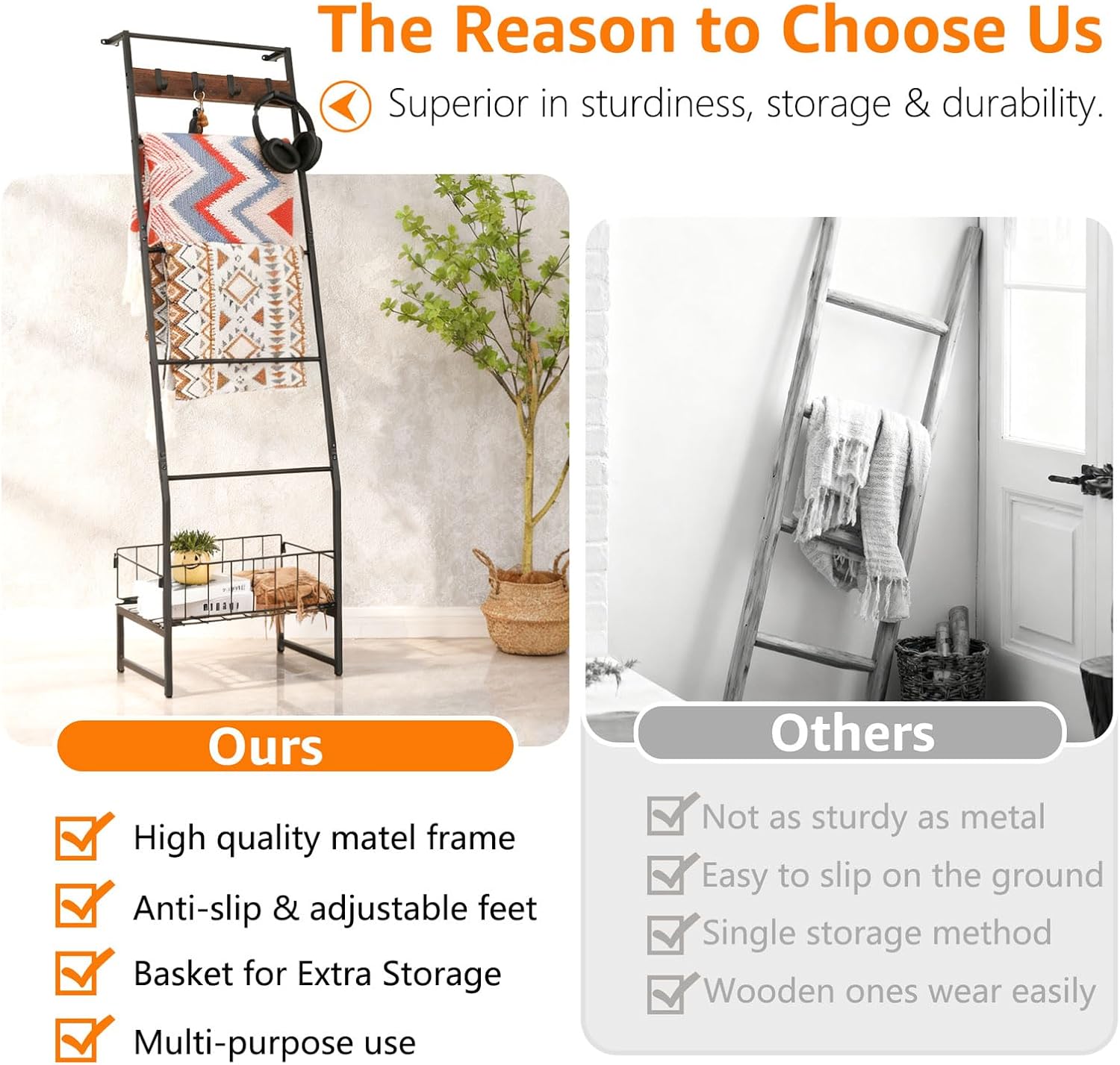 Metal Blanket Ladder with Basket, 5 Tier Rustic Blanket Rack with Hooks for Living Room, Bedroom, Farmhouse Decor – 5.2ft Wall Leaning Ladder Shelf for Blankets, Towels & Throws