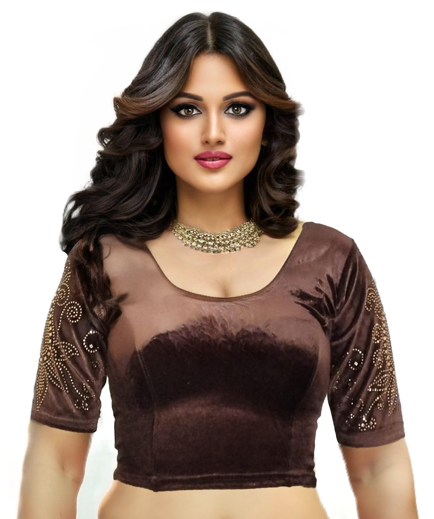 Golden Diamond Stone Work Latest Stylish Stretchable Soft Velvet Blouse Designer Readymade Women's Saree Blouse-image-15