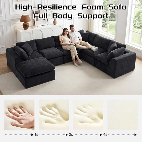 140 Oversized Modular Boneless Sectional Cloud Couch, Chenille Sofa, Black