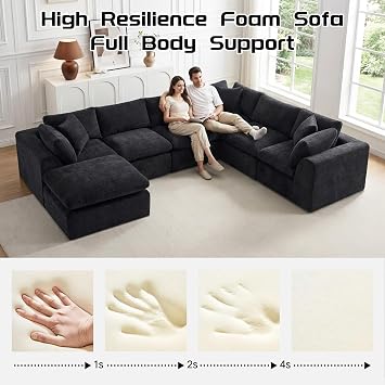 140 Oversized Modular Boneless Sectional Cloud Couch, Chenille Sofa, Black