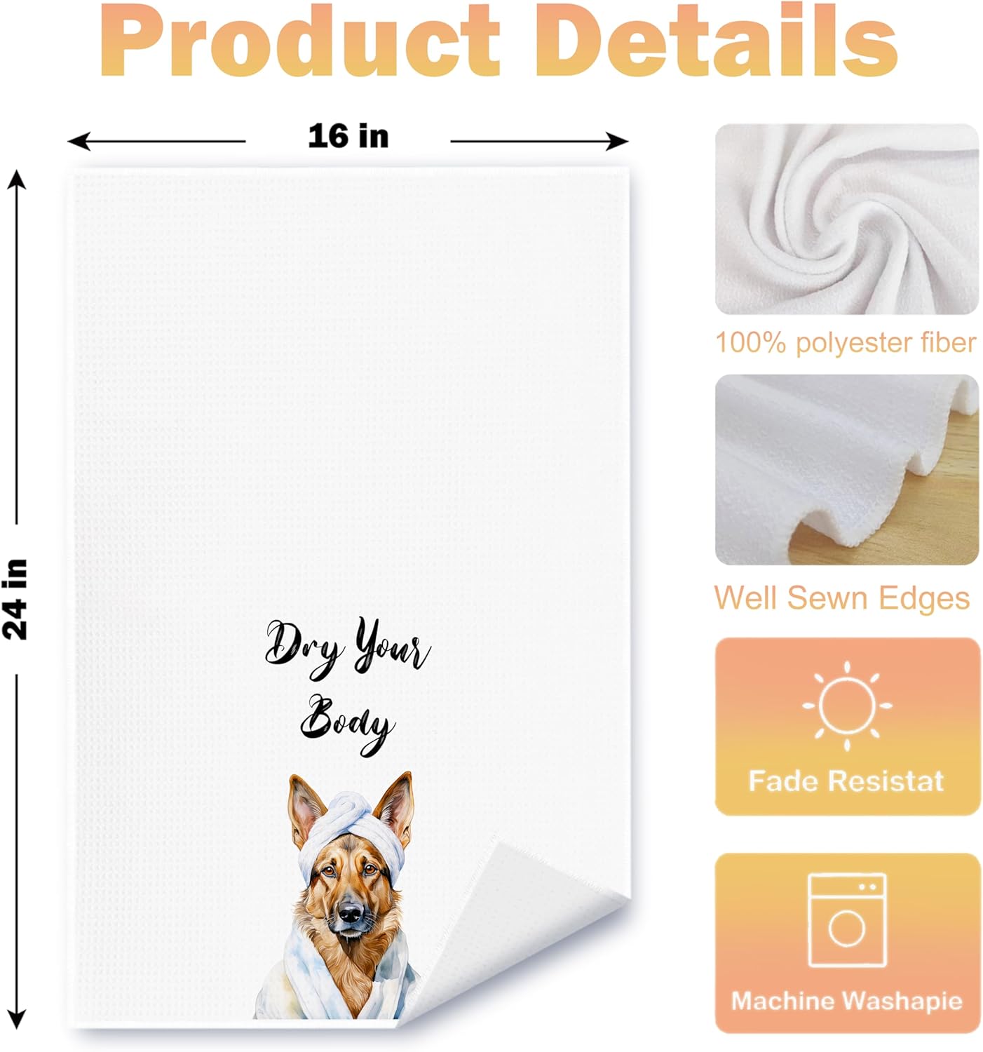 Funny German Shepherd Hand Towels for Bathroom Washroom, German Shepherd Gifts for Women Men, Dog Bathroom Decor, Humor Dog Hand Towels, 16x24 Inch Set of 4 - Image 6