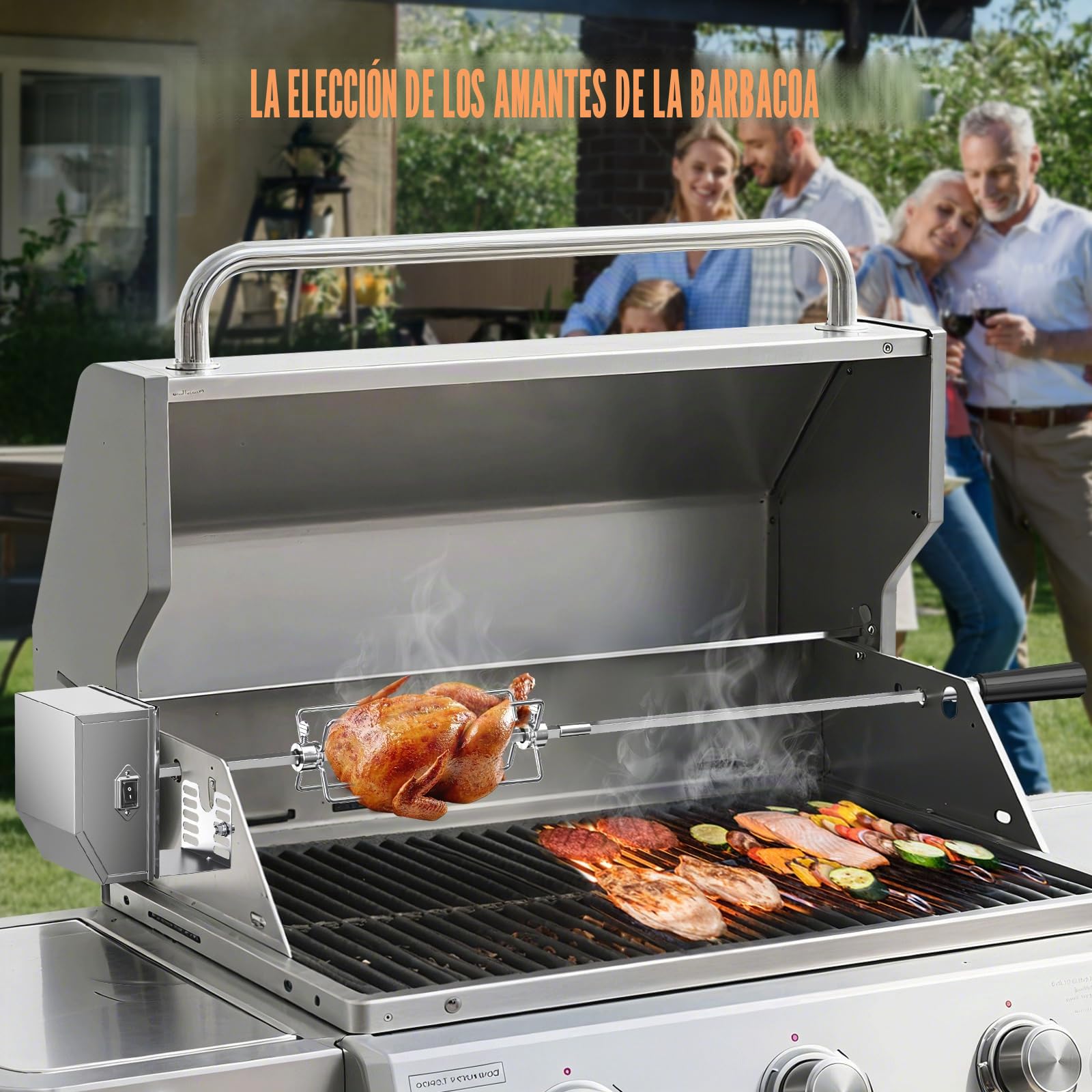 Universal asador Giratorio Barbacoa 3X Pinchos, Agujas y Motor de Acero Inoxidable Longitud Ajustable 56-134cm 3RPM Parrilla Barbacoa giratoria