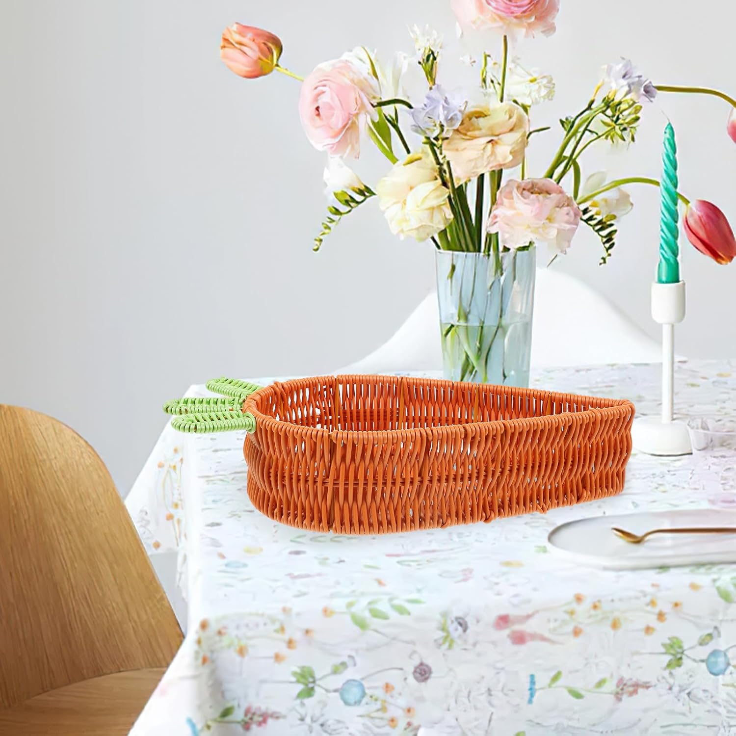 VILLCASE Easter Carrot Shaped Woven Basket (11.6"), Washable PP Rattan Fruit Bowl & Candy Storage Tray, Festive Centerpiece Decorative Platter for Spring Party, Egg Hunt & Home Kitchen Decor